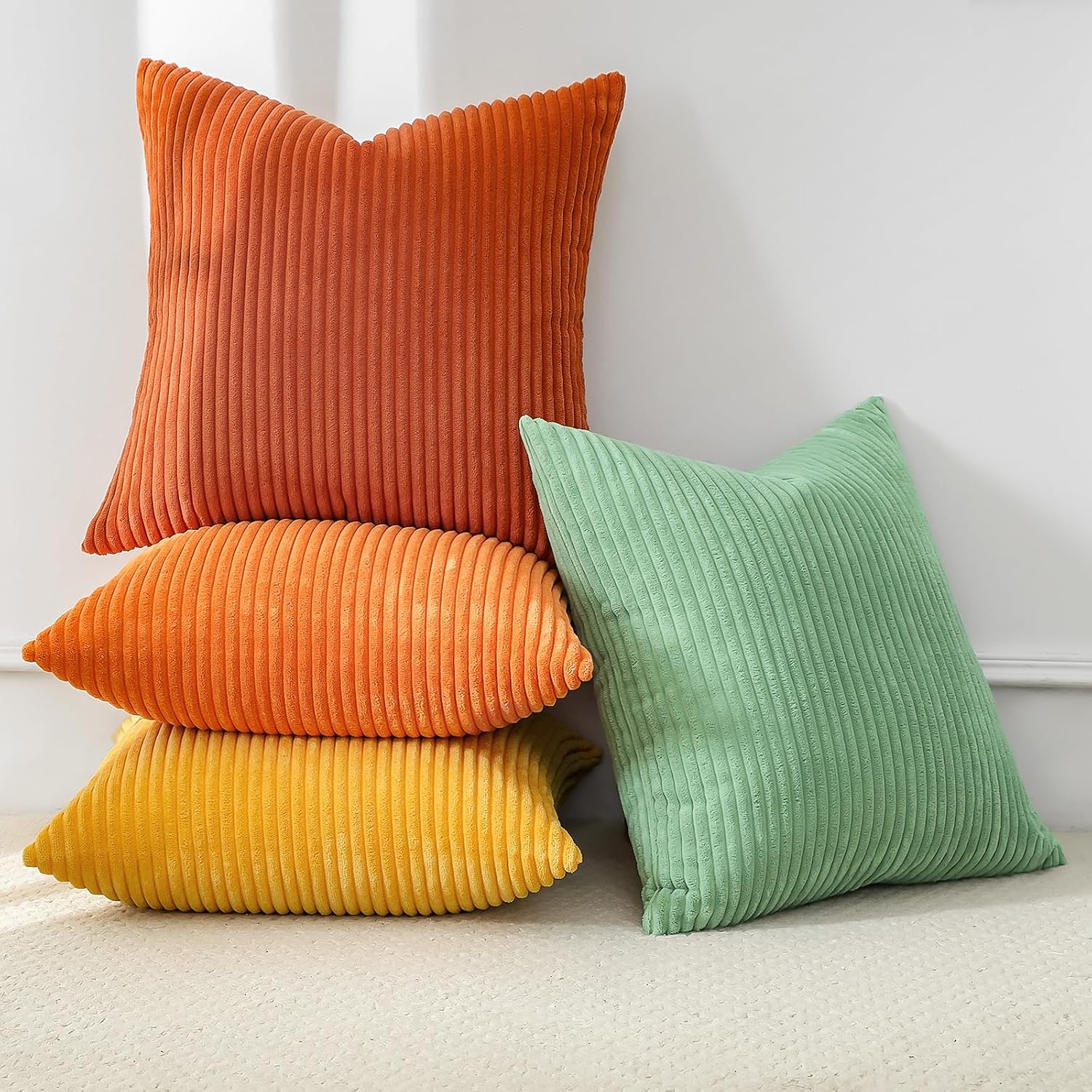 OTOSTAR Set of 4 Modern Decorative Throw Pillow Covers 24x24 Inch Soft Corduroy Boho Farmhouse Cushion Covers Mix and Match Square Pillowcase for Home Couch Bed Decor (Yellow Orange Green)