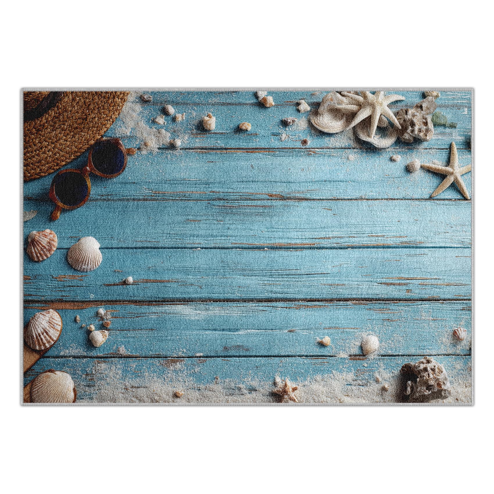 Grain de Bois Sarcelle Paillasson Interieur 60x90 cm, Tapis d'entrée Étoile De Mer Lavable en Machine, Côtier Plage Tapis de Porte Antidérapant à Poils Ras pour Couloir, Cuisine, Salle de Bain, 1J19t