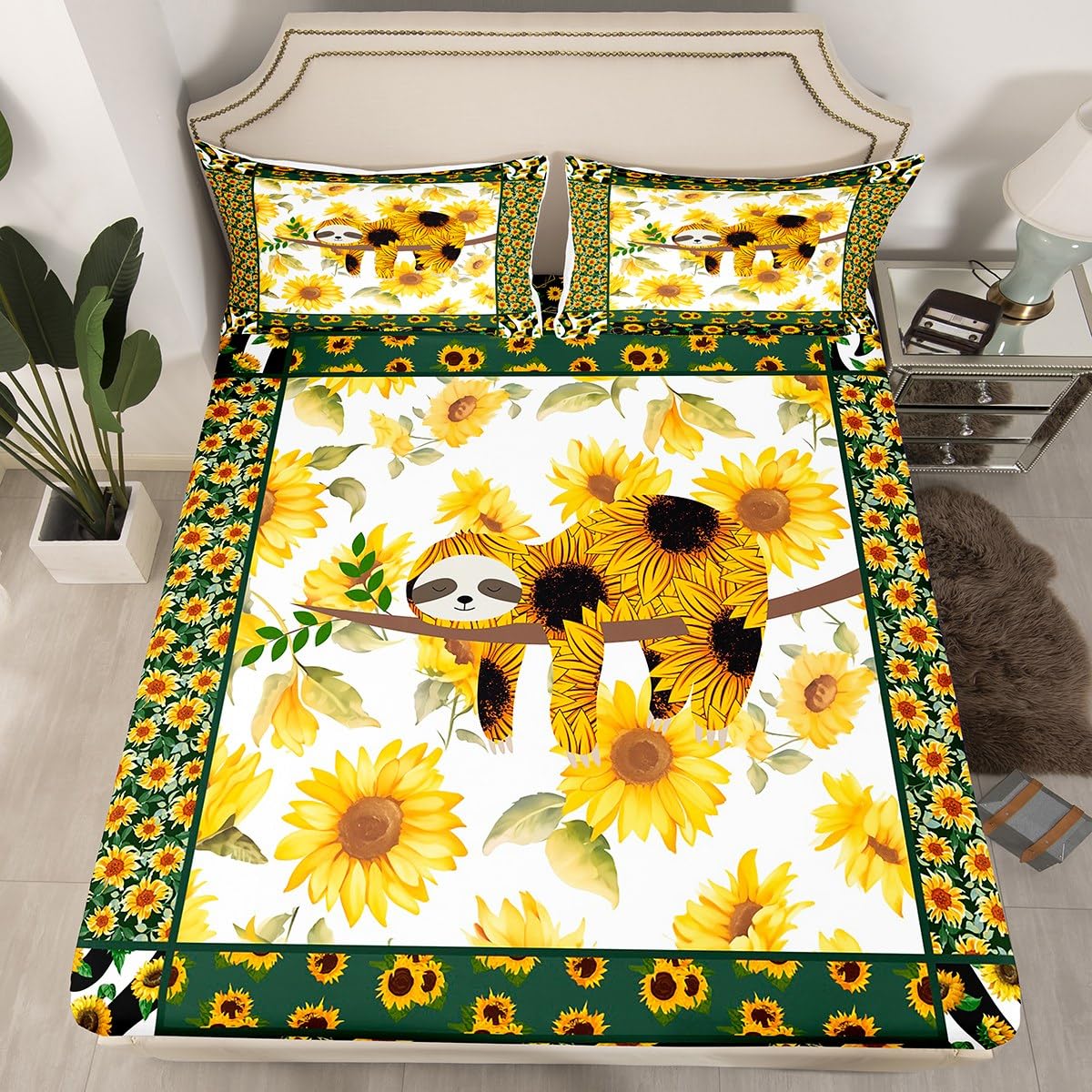 Manfei Cute Sloth Kids Fitted Sheet Double Size, Yellow Sunflower Bedding Set for Boys Girls Adult Bedroom Decor, Floral Animal Print Bed Cover, Soft Polyester Bedding, 2 Pillowcases