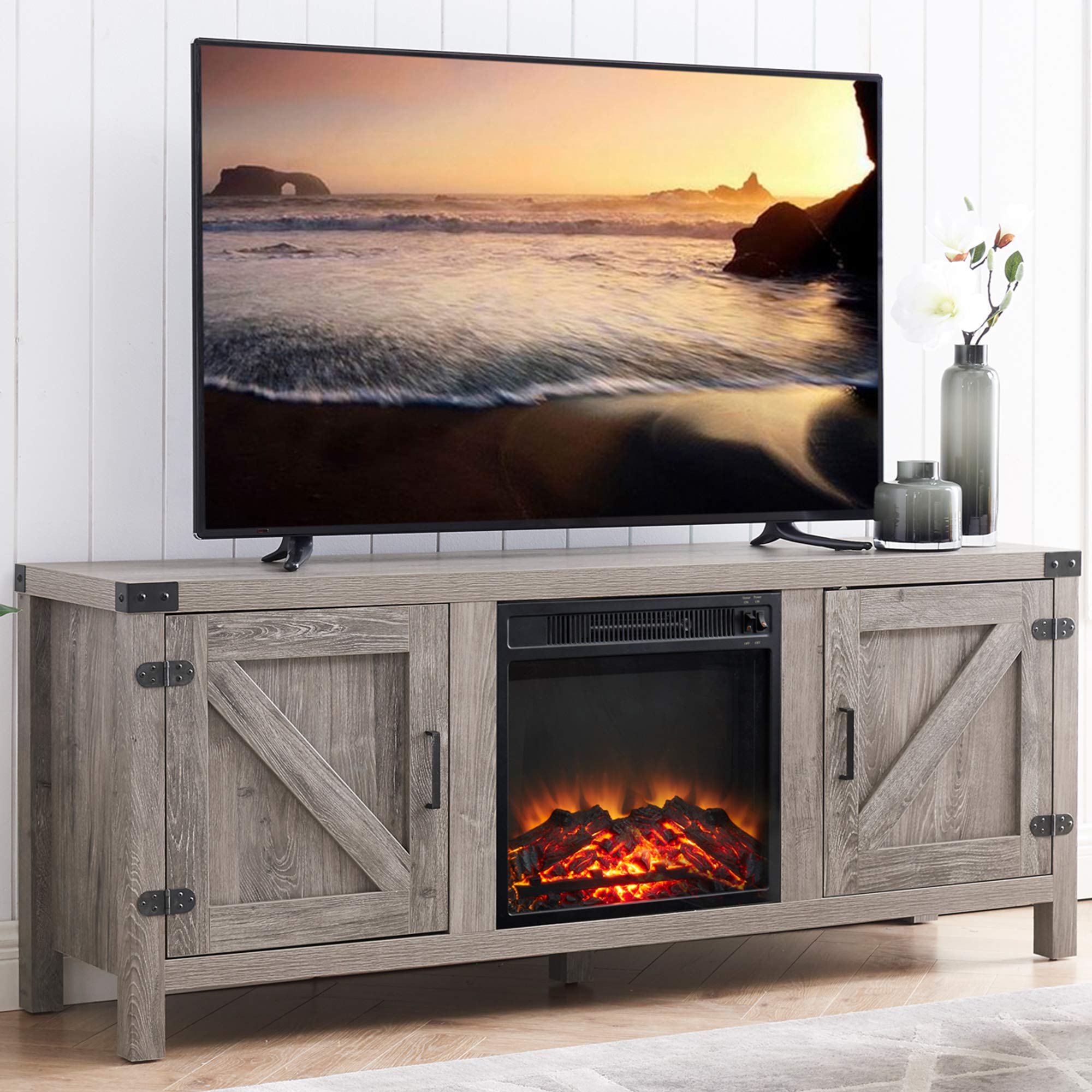 Buy GOOD & GRACIOUS Farmhouse Wood TV Stand and Electric Fireplace, Fit