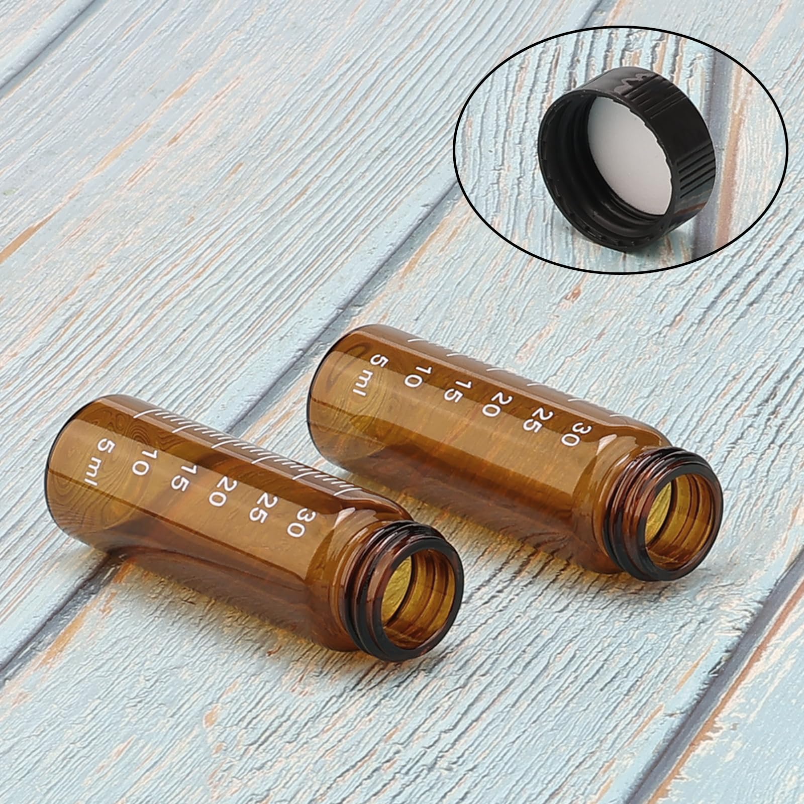 28 sztuk 30 ml ciemnego bursztynowego szkła fiolki ze skalą i czarną nakrętką, małe butelki na próbki laboratoryjne do płynnych tabletek spożywczych
