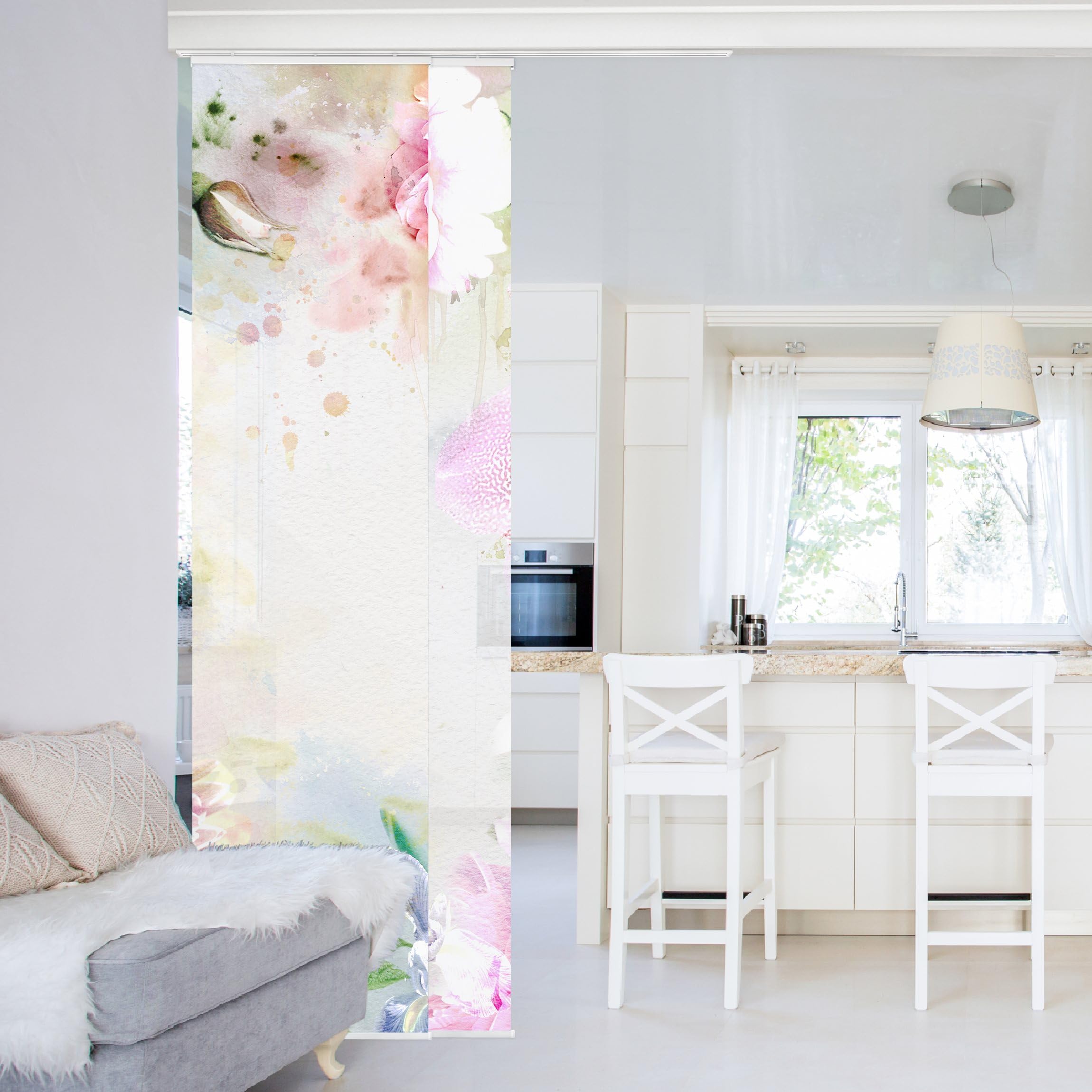 Schiebegardine halbtransparent 60er Paneel Klett Blumen Textil lichtdurchlässig - Motiv Aquarell Flächenvorhang beige Wohnzimmer Schlafzimmer 1056 (120x250 cm - 2er Set)