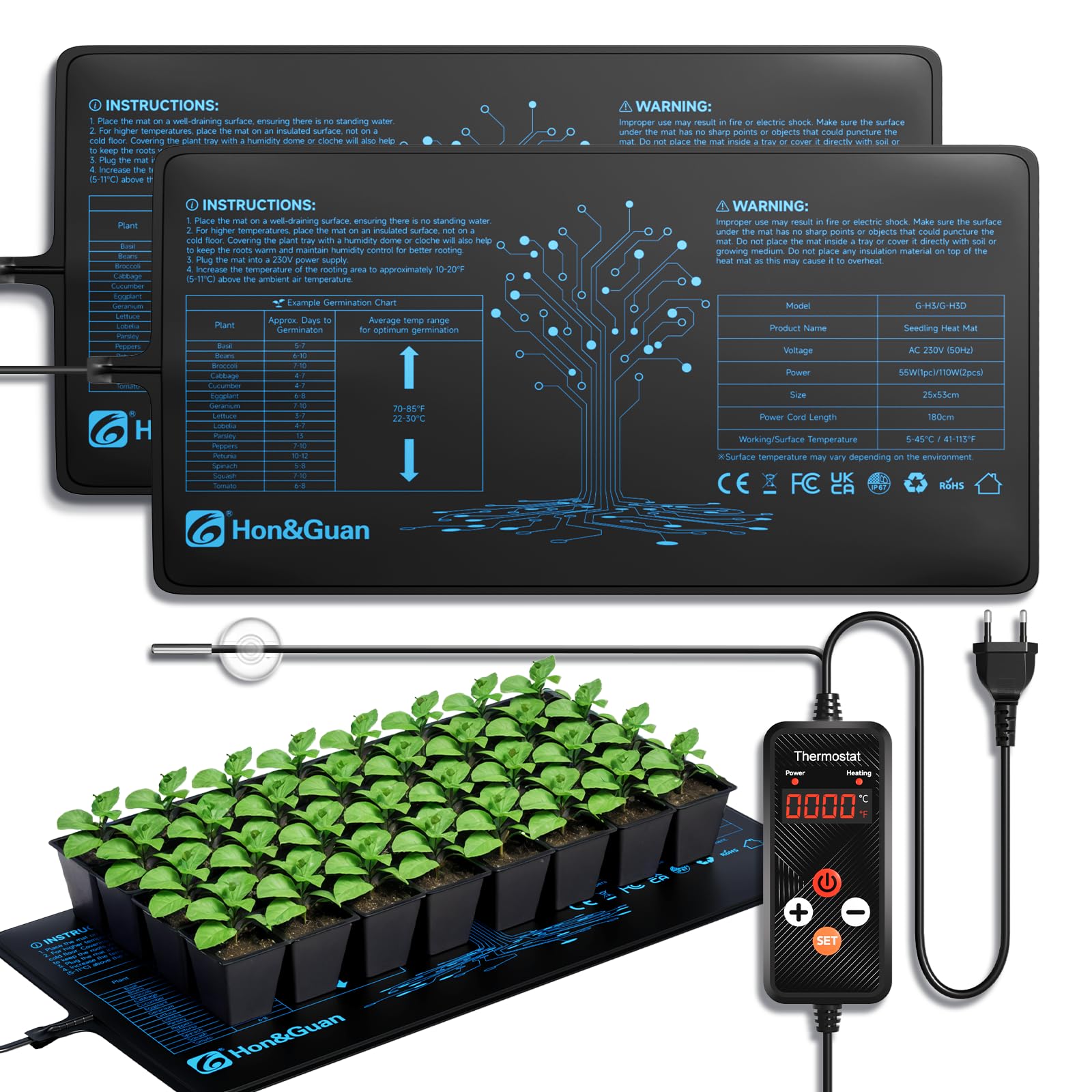 Hon&Guan 55Wx2 Effiziente Warmhalten Heizmatte mit Thermostat, Wärmematte Set für Haustiere Reptilien Wärmer Bett Matte 25x53CM, IP67, 2 Mat mit 1 Controller, G-H3D