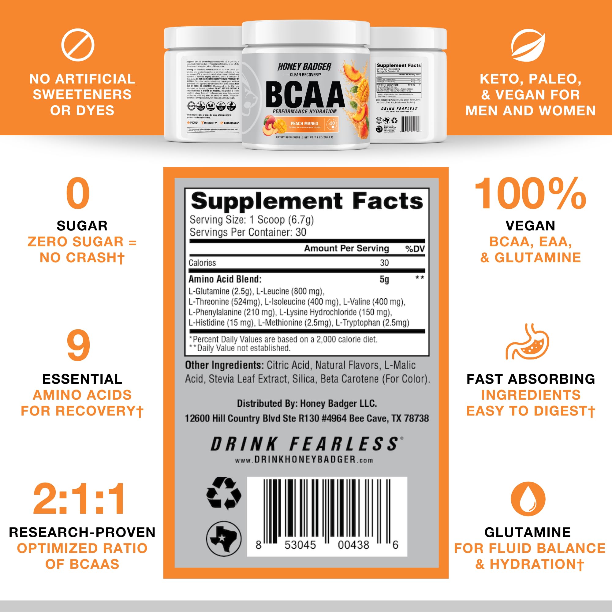 Honey Badger BCAA + EAA Amino Acids Powder, BCAAs + L-Glutamine, Keto, Vegan, Sugar Free for Men & Women, Hydration & Post Workout Muscle Recovery Drink Mix, Peach Mango, 30 Servings — Amazon image 5