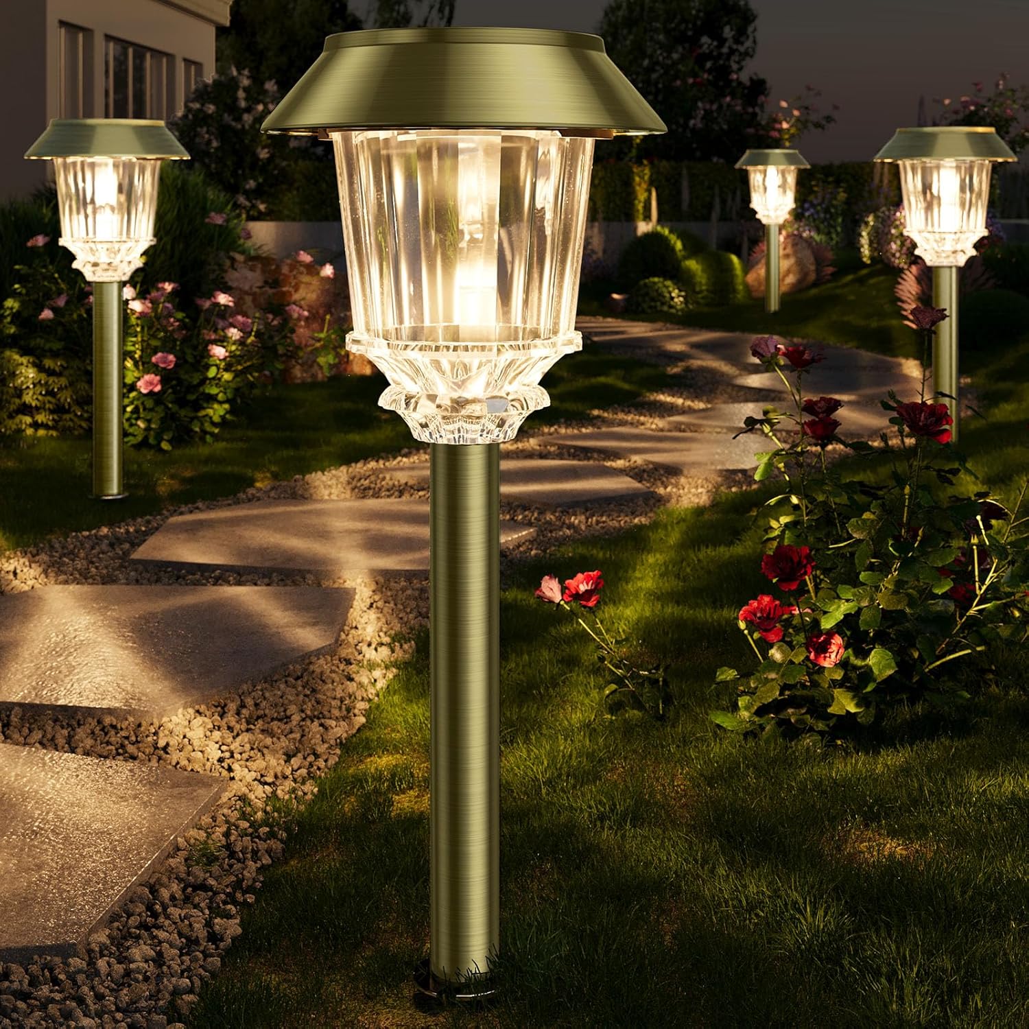 XMCOSY+ Solar Pathway Lights Outdoor - 4 Pack Auto On/Off 10-40 LM Dimmable Waterproof Outdoor Solar Lights for Yard Pathway Garden Driveway Walkway (Bronze)