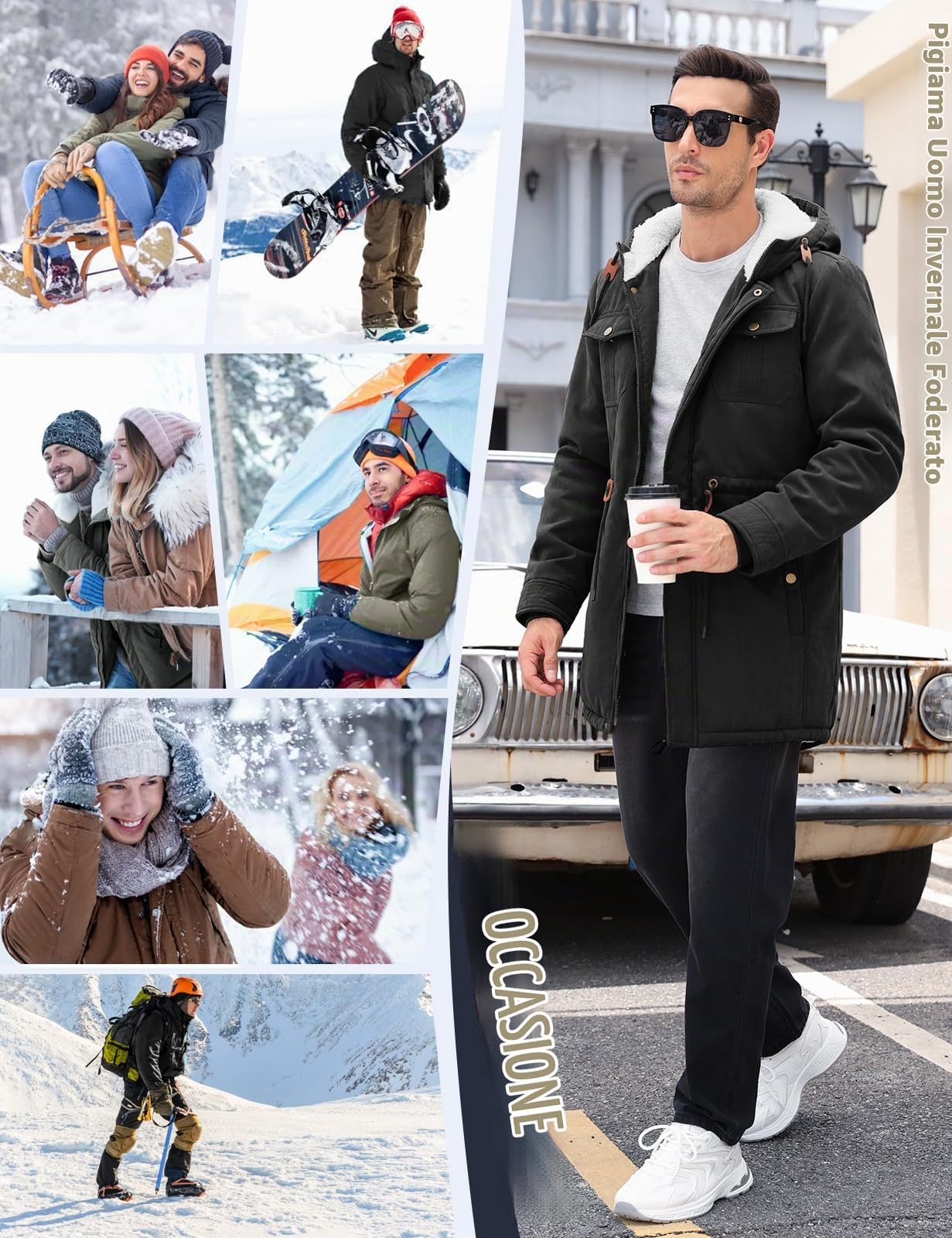 Parka Uomo Invernale Giubbotto Foderato in Pile Antivento e Caldo Cappotti Lungo Giacca con Cappuccio Giacconi Multitasche alla Moda