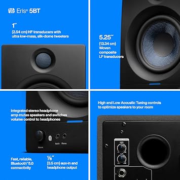 PreSonus Eris 5BT Bluetooth Studio Monitors, Pair 5.25 Inch Powered Bookshelf Speakers, Stereo, Desktop Computer, Near Field Music Production, Audio Mixing Recording