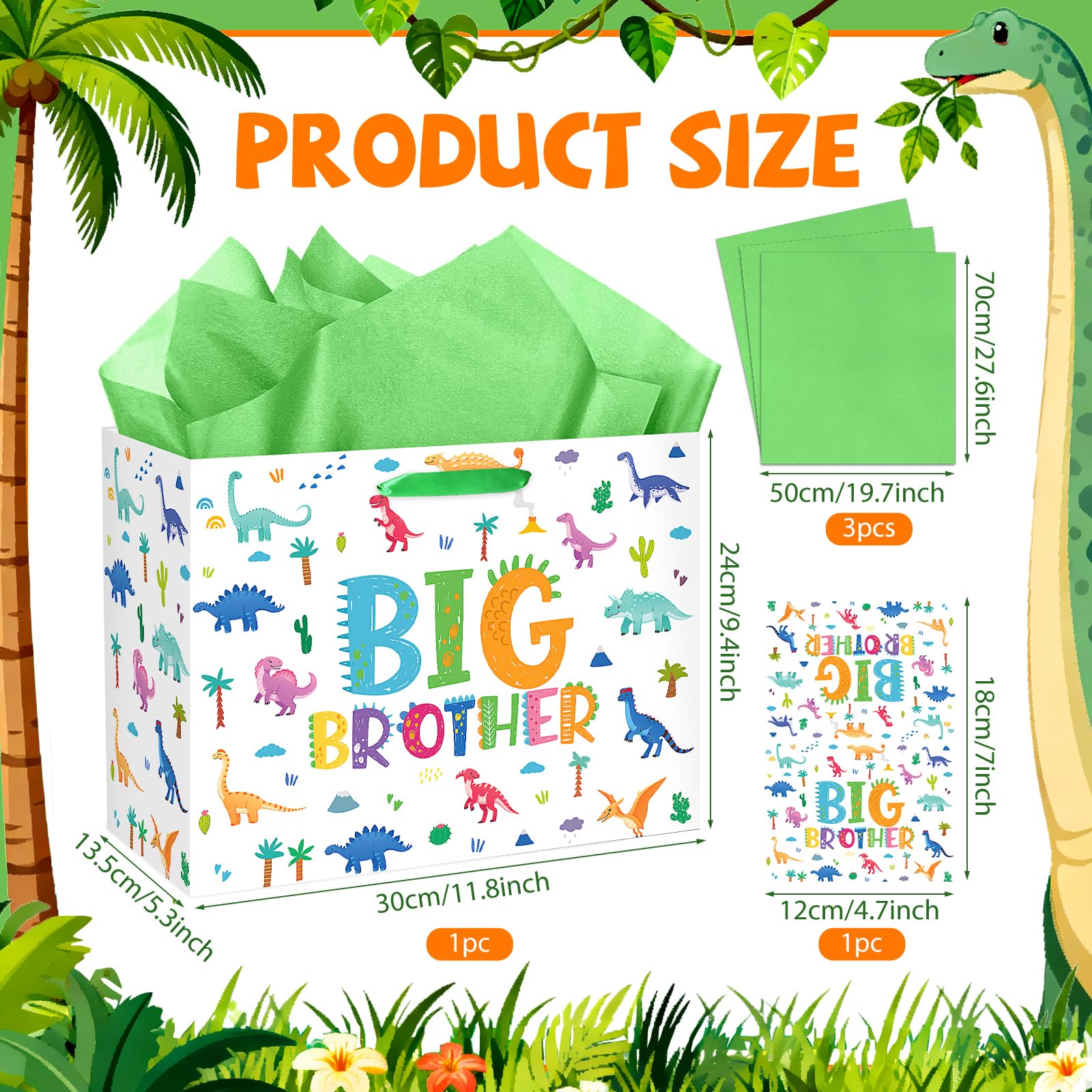 Big Brother Gift Bag for Boys, Cute Big Bro Gift Bag with Tissue Paper and Greeting Card Green Wrapping Paper Cartoon Dinosaur New Brother Party Decoration for Little Boy Birthday Party Supplies