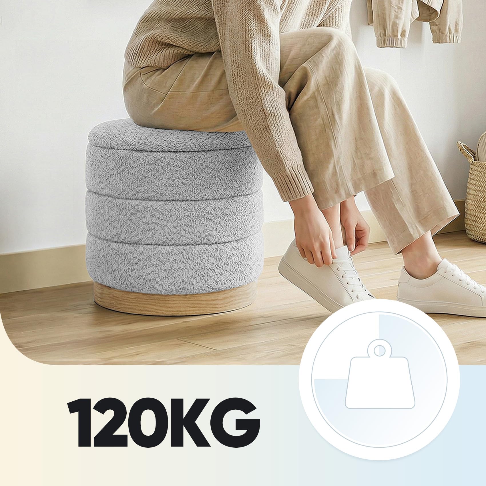 Bonlife Taburete con espacio de almacenamiento y mesa, taburete plegable redondo, banco para salón, dormitorio, pasillo, chenilla, gris plata, 39 x 39 x 37 cm