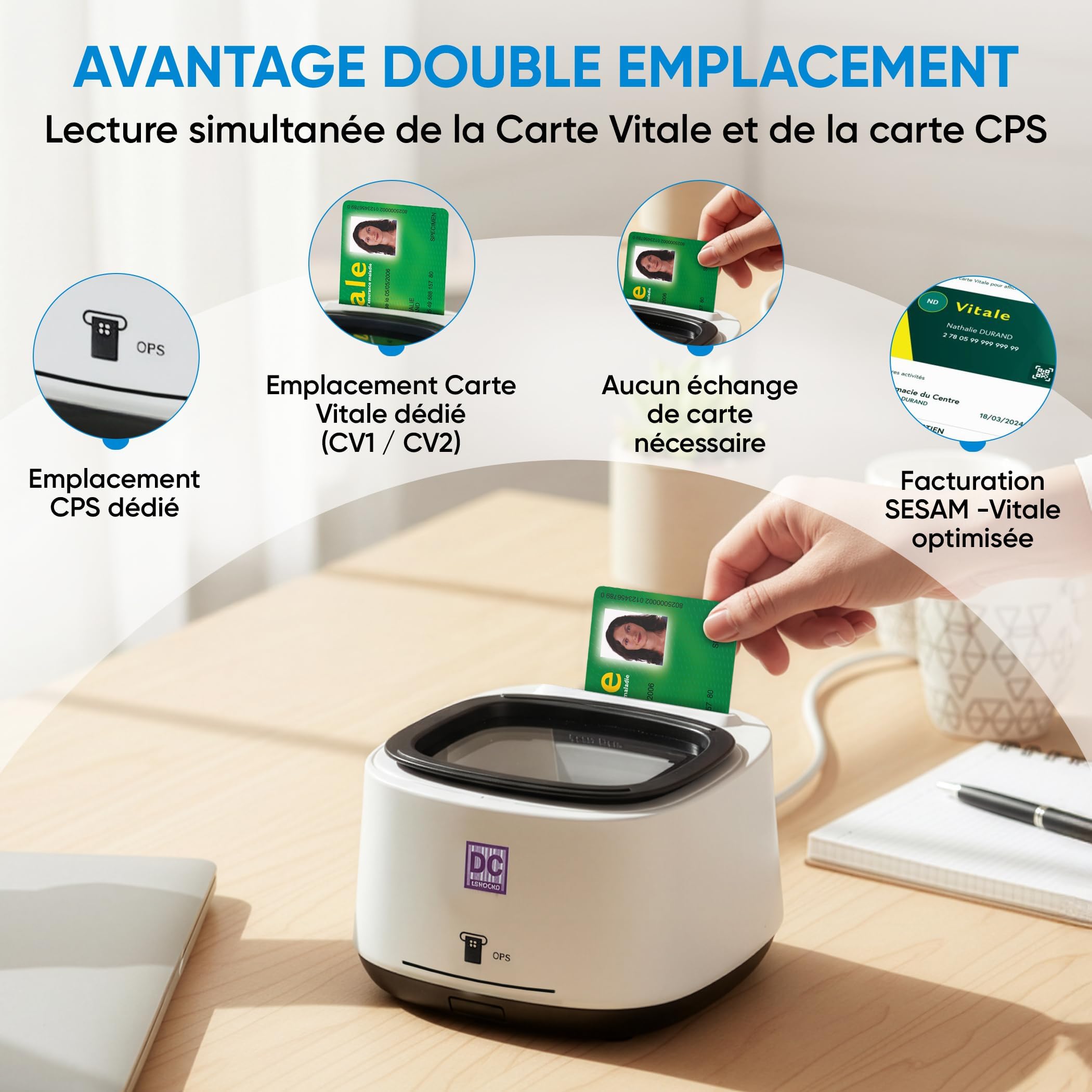DC300 Pro Lecteur 4 en 1 QRCODE NFC 2 Fentes Carte Vitale et CPS Sesam Vitale USB Windows