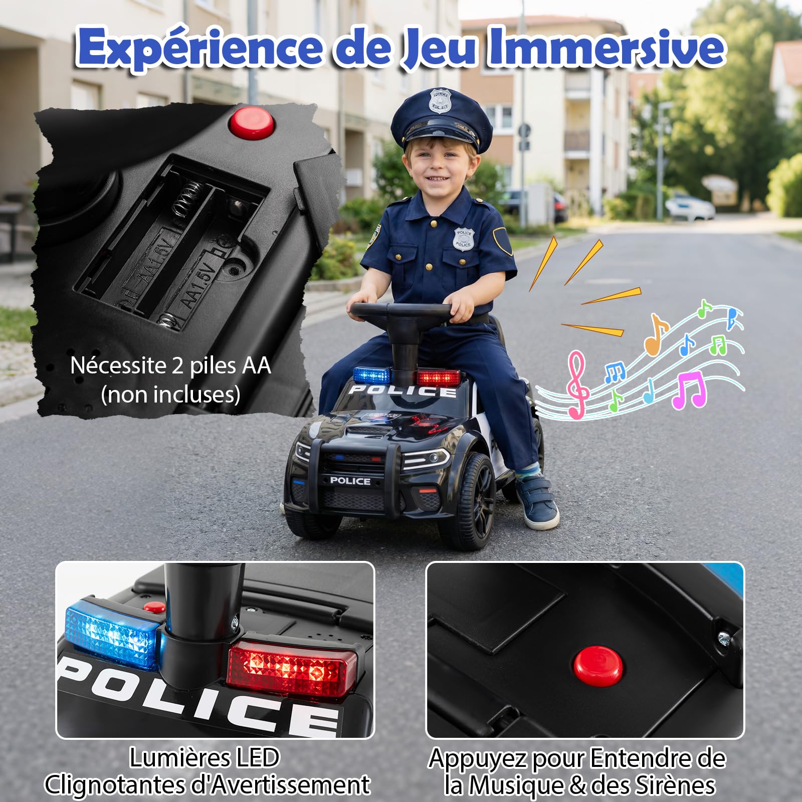 COSTWAY Porteur Enfant de Police avec Lumières Clignotantes, Musique et Sirène, Véhicule à Pousser avec Coffre à Jouets sous Siège, Dispositif Anti-basculement, Charge 20kg pour 18 Mois+ (Noir)