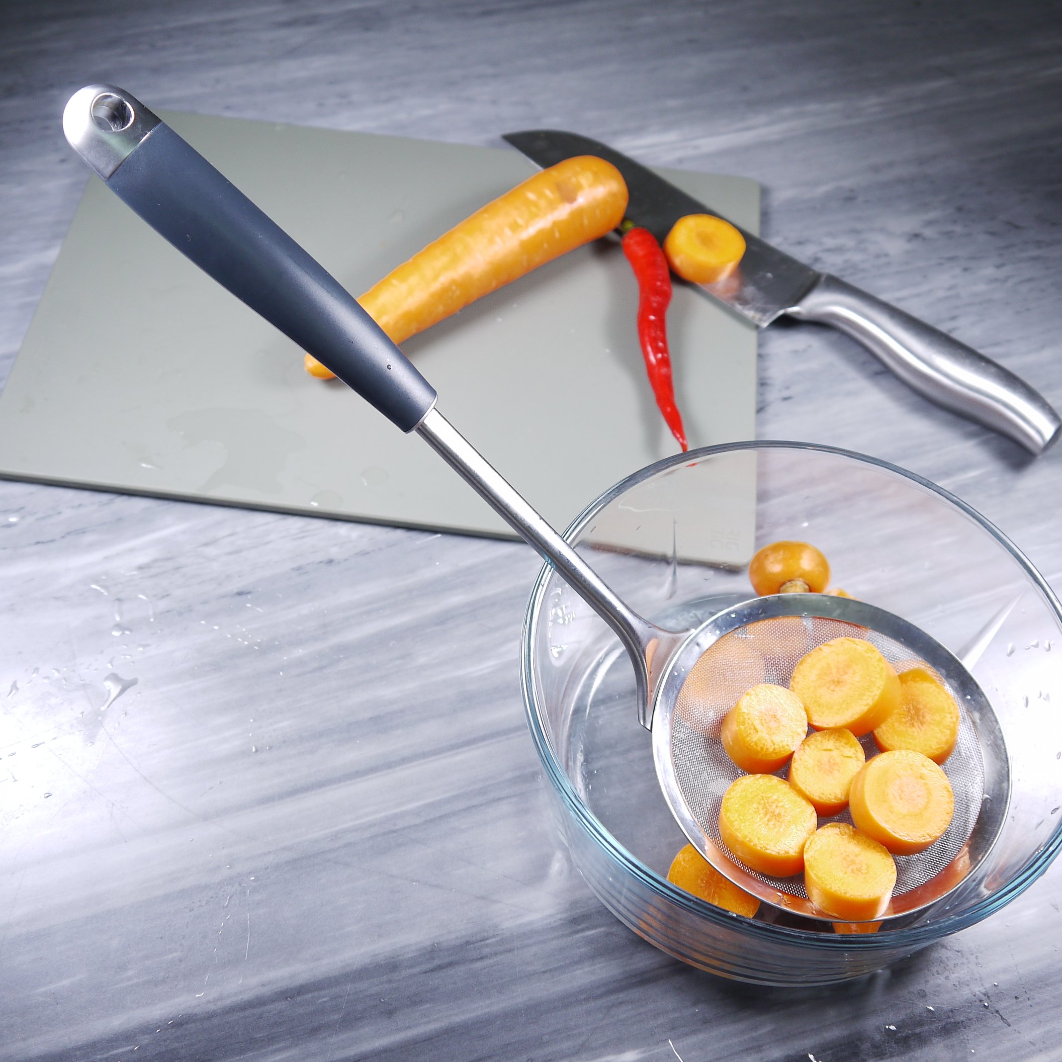Colador de malla fina, 5 "colador de cocina acero inoxidable cocina herramientas Hot Pot espumadera, de espuma y grasa pesca cuchara con mango largo