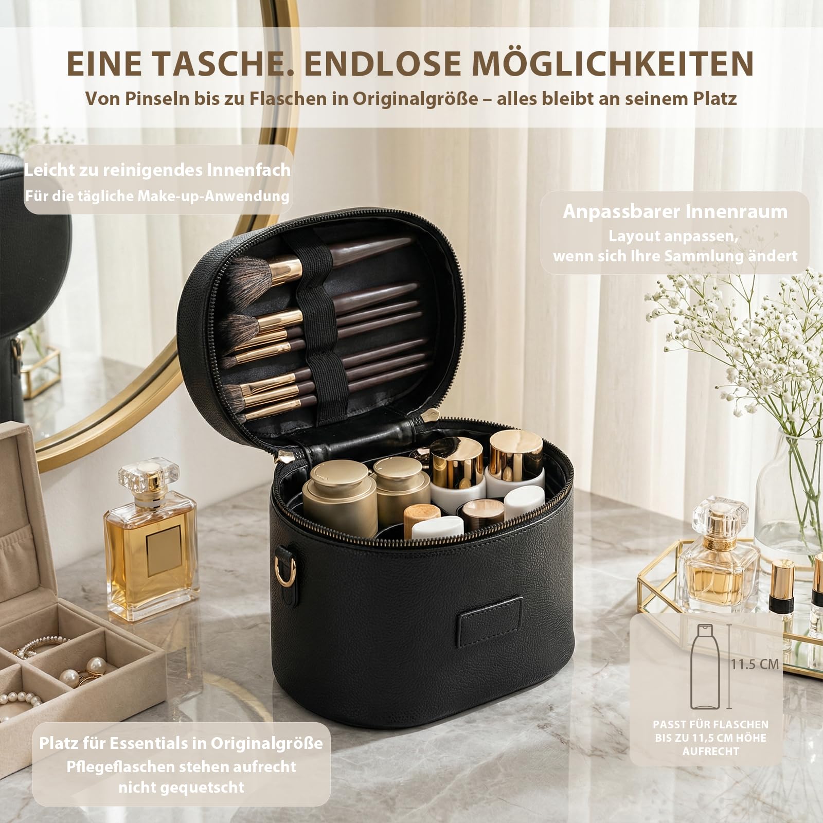 Kosmetiktasche Damen, Make Up Tasche für Frauen – Leder Vanity Case mit herausnehmbarer Trennwand, Waschbare Fächer