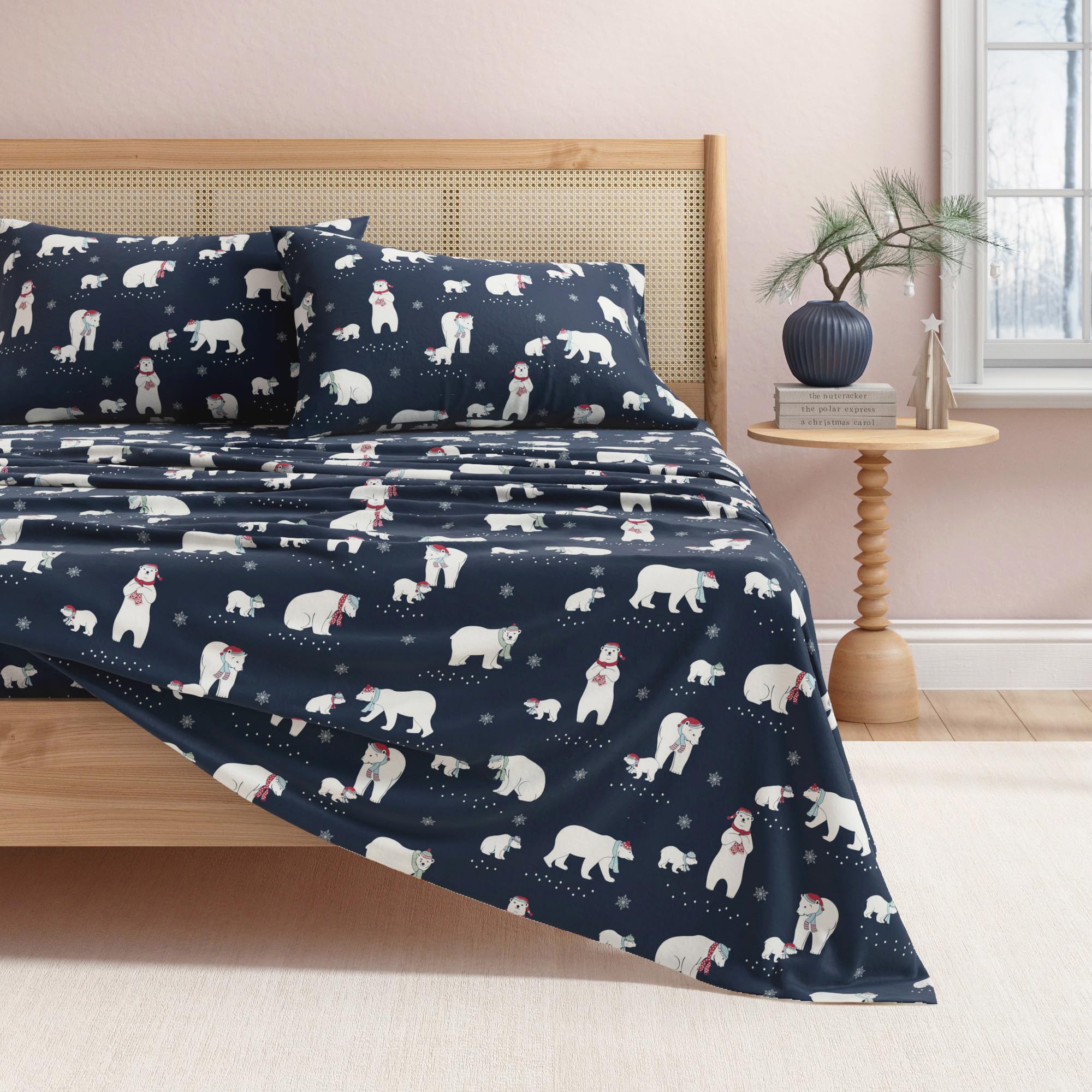 Great Bay Home 100% Turkish Cotton Flannel Sheet Set Deep Pockets Soft Bed Sheets Warm Anti-Pilling Flannel Sheets (Twin, Navy Polar Bears)
