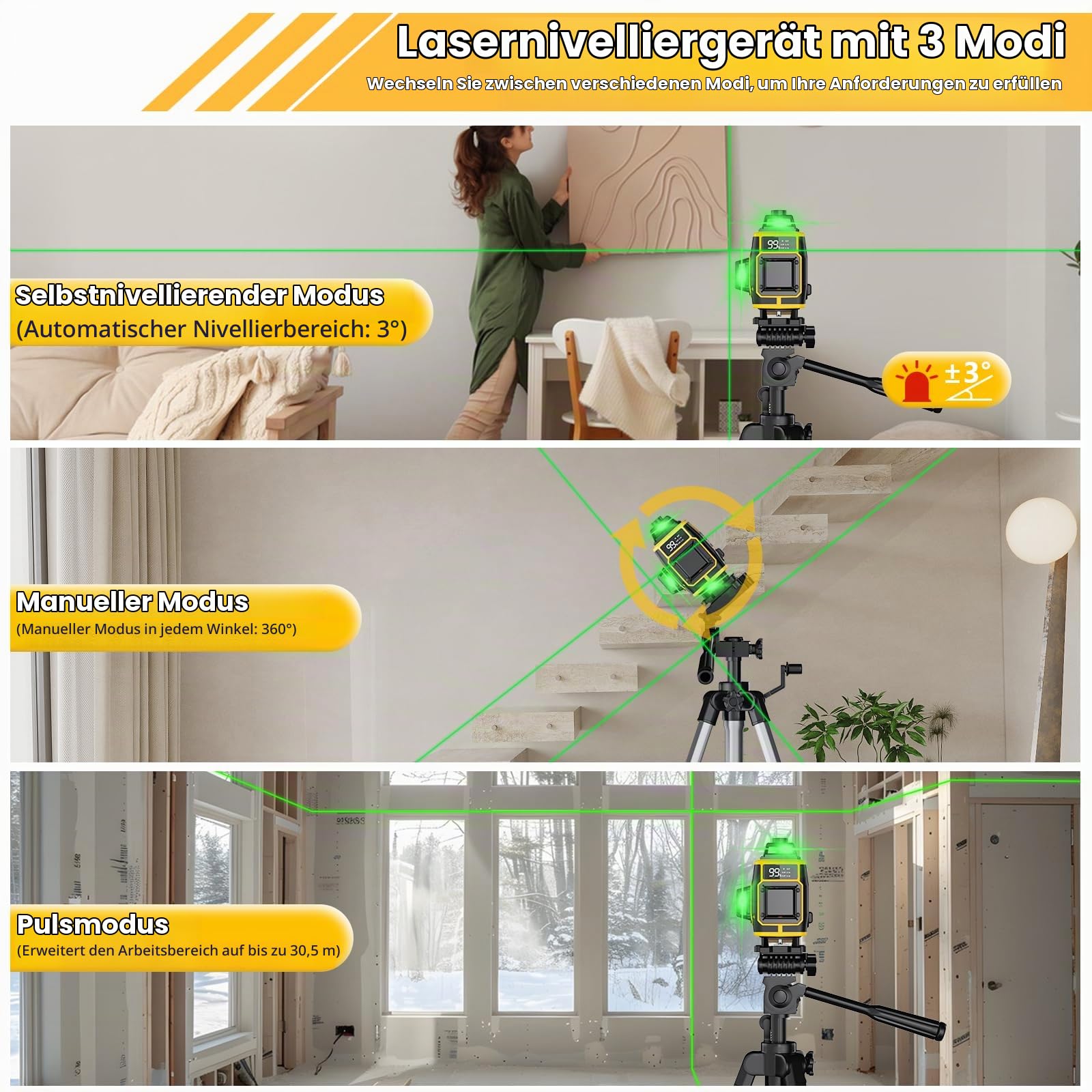 Kreuzlinienlaser Grün 16 Linien,4 x 360 °Laser Wasserwaage Selbstnivellierend,Nivellierlaser mit LED Digitalanzeige,360 grad laser für Konstruktion und Ausrichtun 2 Akkuse,Einstellbare Helligkei