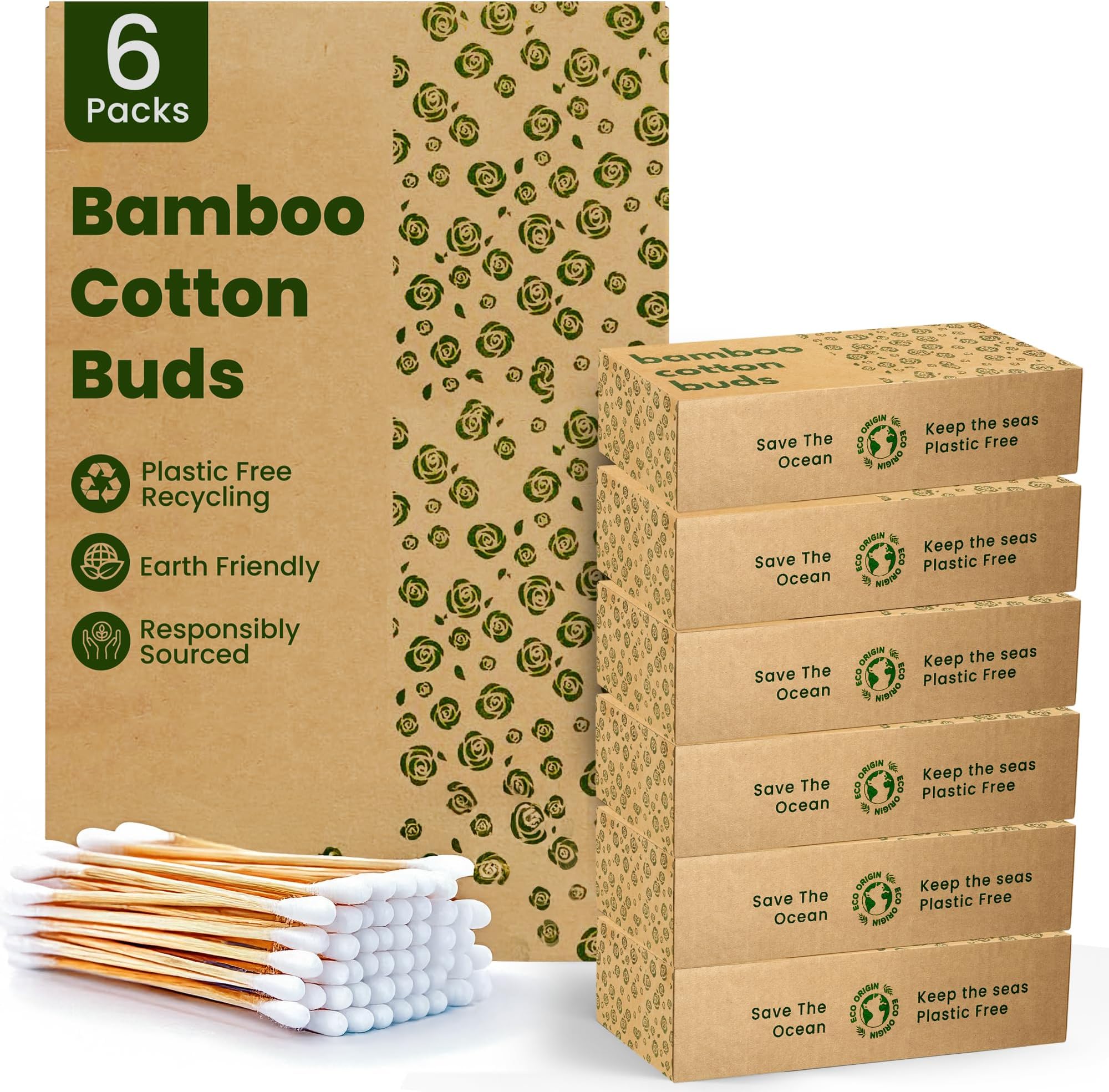 Eco Origin 600 Bamboo Cotton Buds |100% Eco-Friendly Biodegradable | Cotton Wool Buds Q Tips | Compostable Bamboo Earbuds | Recycled Plastic Free Packaging | 6x100 Ear Buds Cotton… (600 Count)