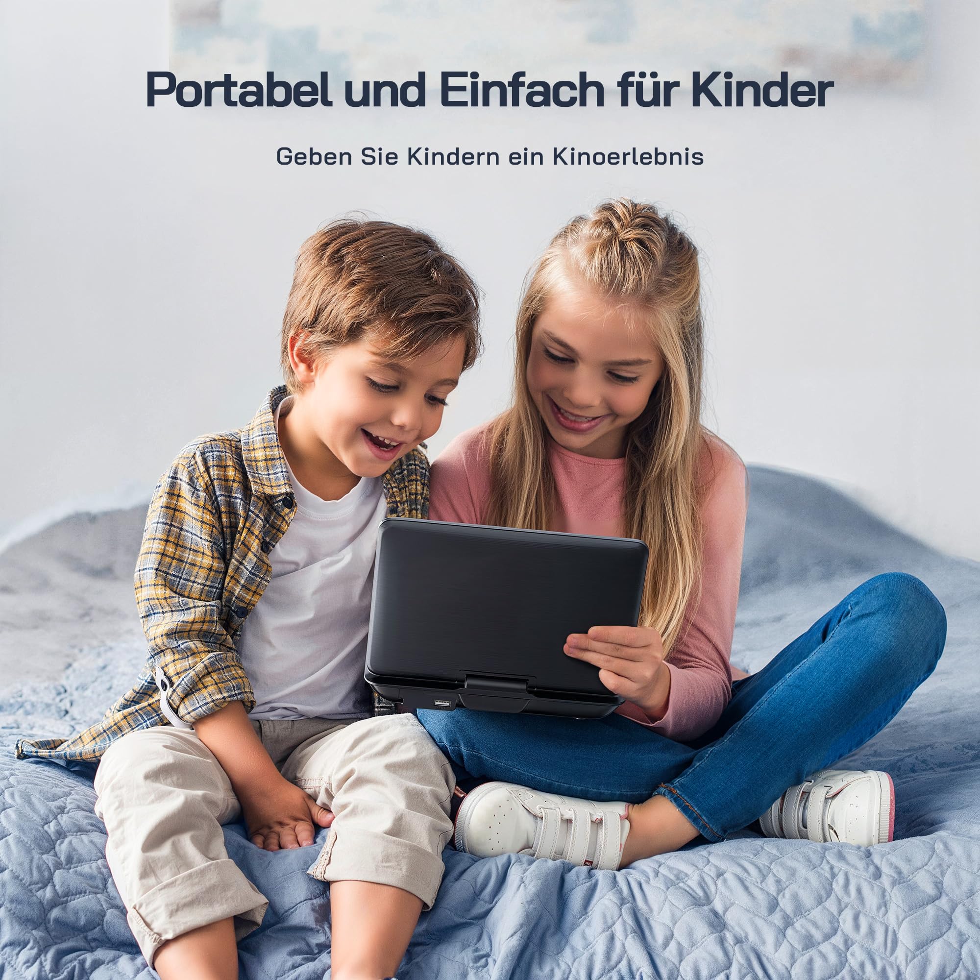 WOLFANG 9,5 Zoll Aufladbarer Tragbarer DVD-Player für Kinder im Auto, 7,5 Zoll HD Drehbildschirm, 6 Stunden Spielzeit, Sync TV/USB/SD, Keine Blu-ray-Unterstützung (Schwarz)