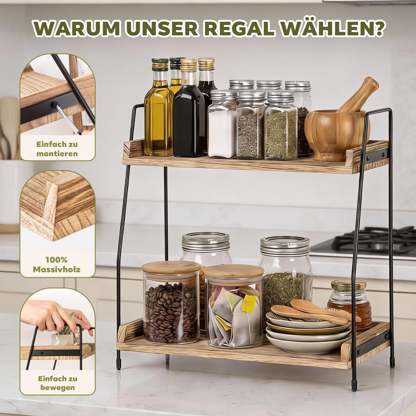 2-stufiges Organizer-Regal aus Holz & Metall | Kaffee- und Küchenregal mit Arbeitsplatte | Für Kosmetik, Bad, Home-Bar | Einfacher Aufbau, Braun