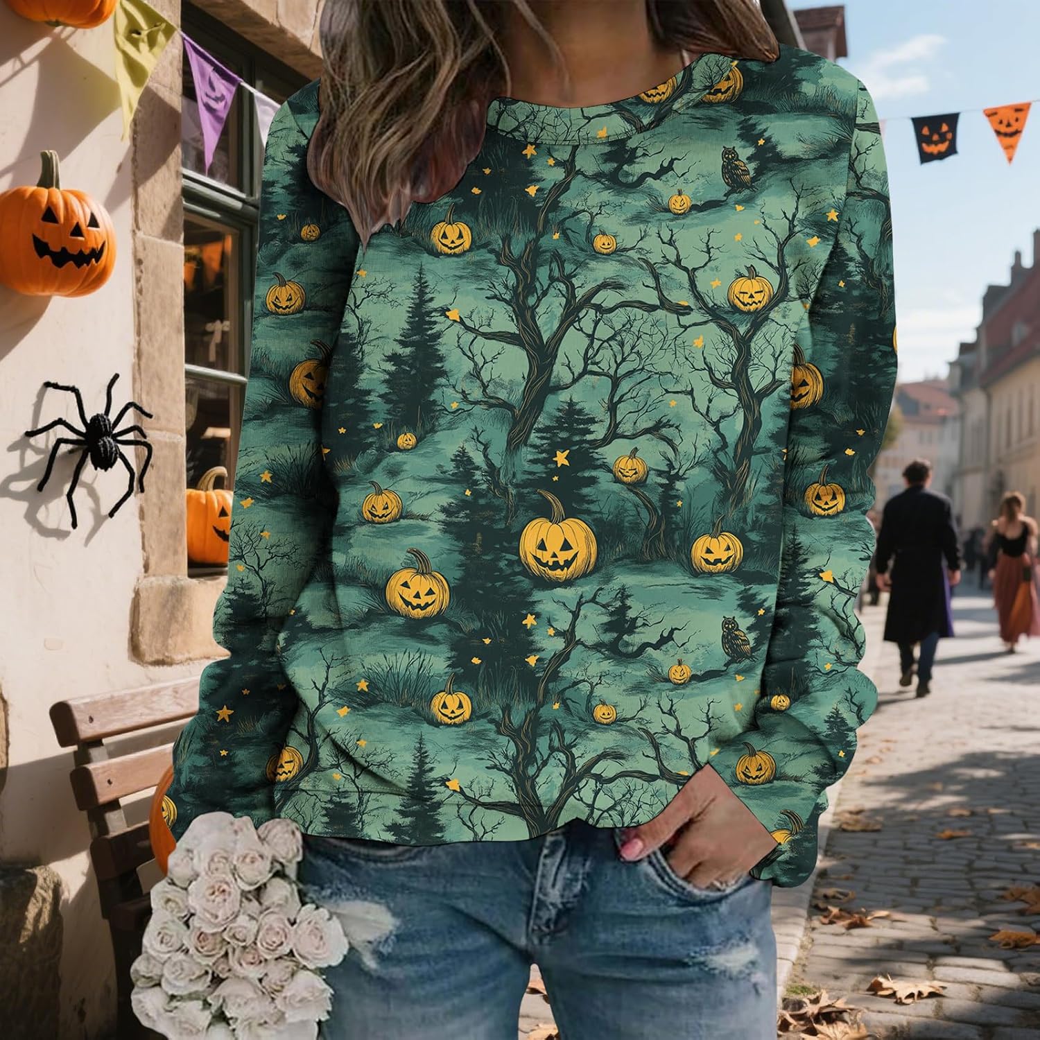 LIZALIG Pullover Cute Sweatshirt Orange Skeleton Fall Festive FunWomens Design Bat Holiday Party Outings Pumpkin Print - Image 2