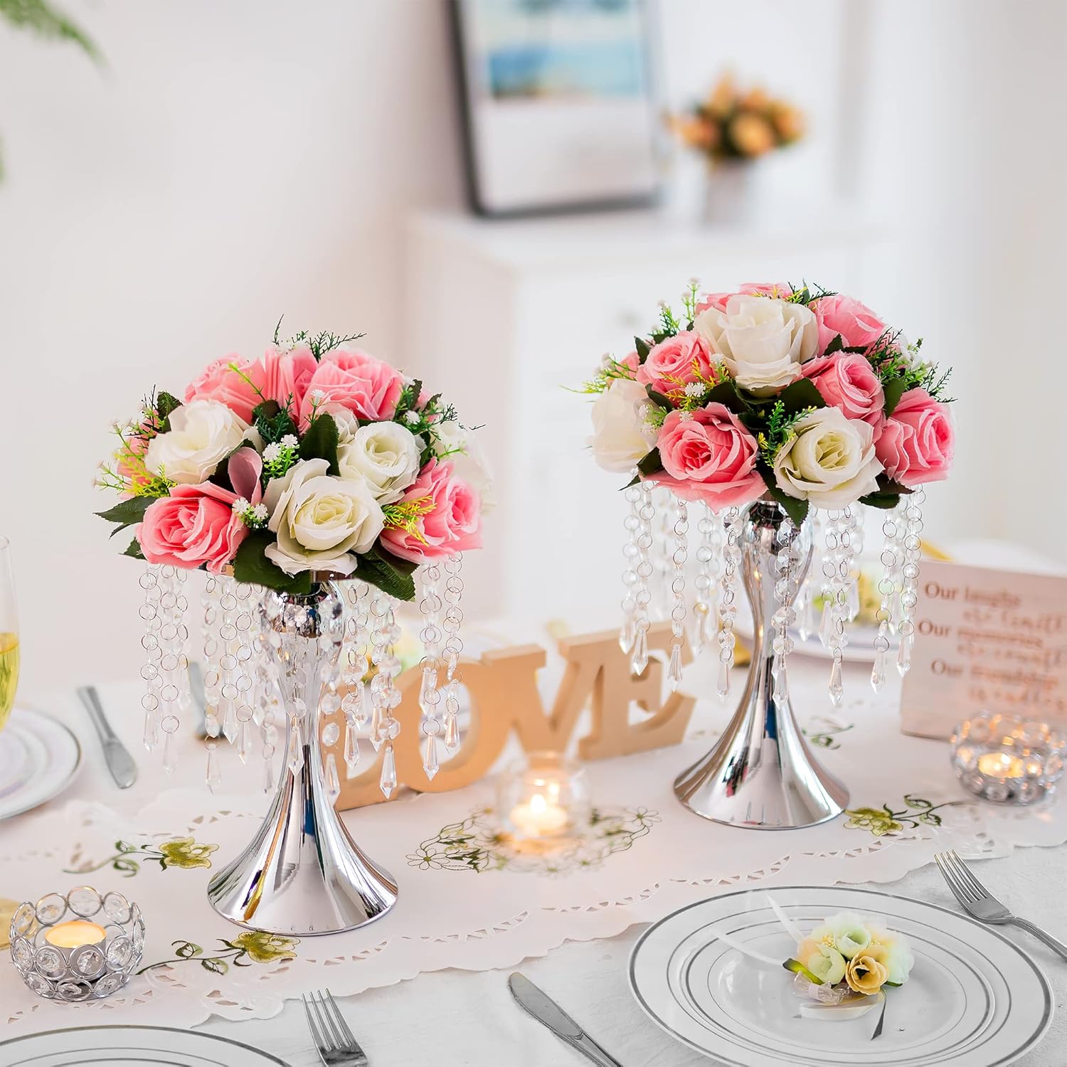 Wedding Flower Balls for Centerpieces - 2 Pcs Artificial Flower Ball Arrangement Bouquet, Fake Flowers Rose Balls for Weddings, Birthday Party, Valentine's Day, Home Decor, Red & White