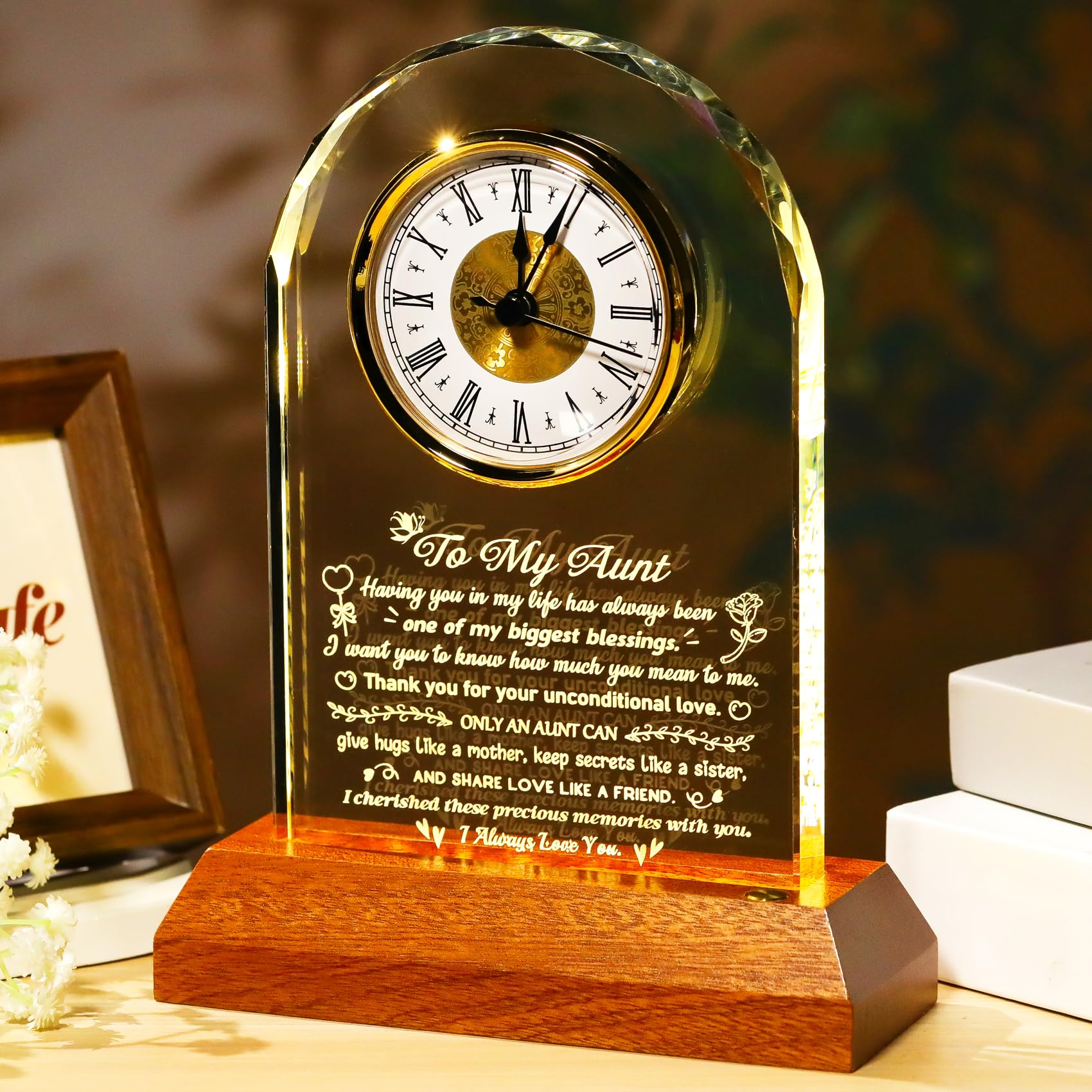 Arikyrist Aunt Gifts for Women Glass Clock with Wooden LED Light Base