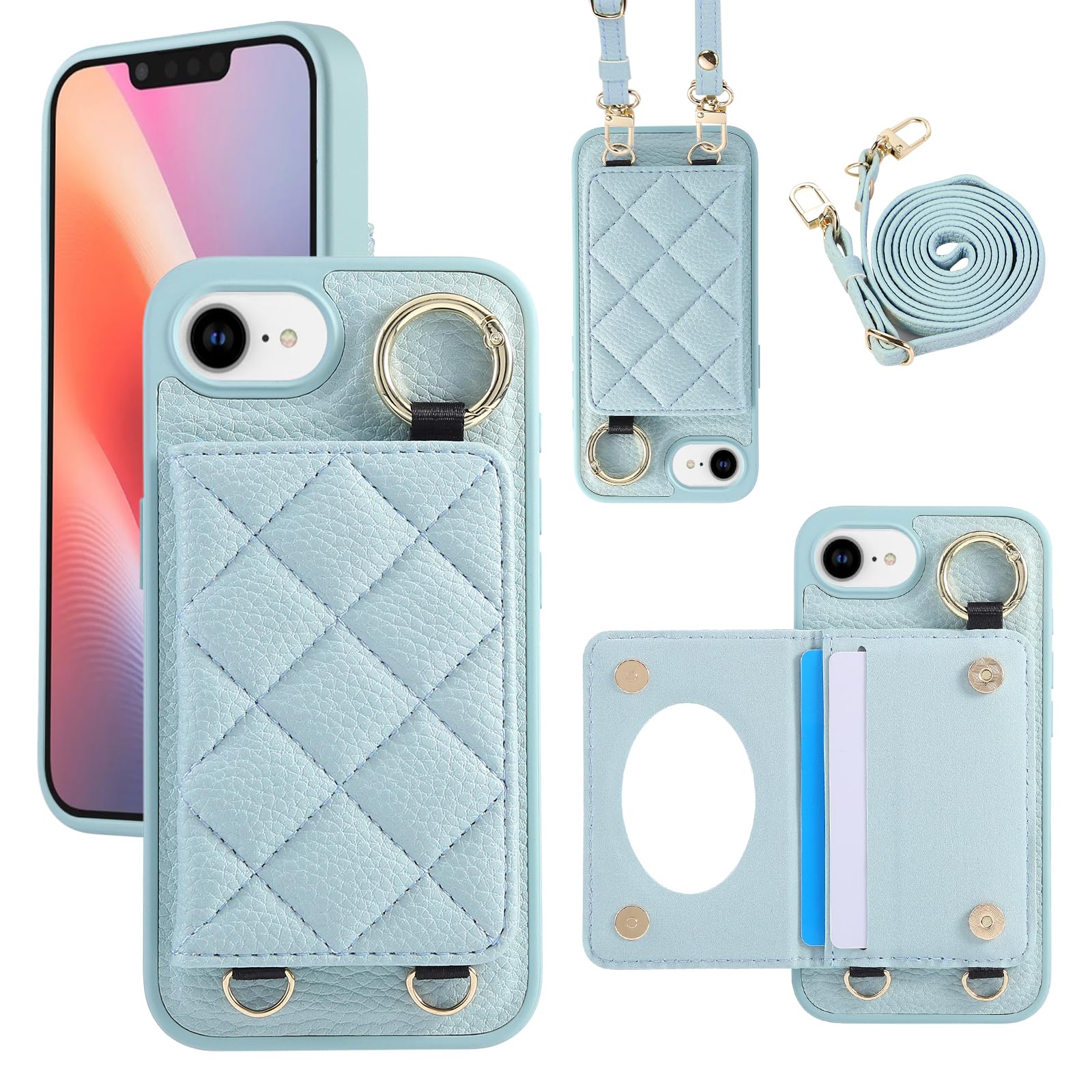 Succtopy ケース 手帳型 向けのiPhone17e ショルダー スマホケース 鏡付き 用のいphone17e iphone 16E ケース 背面手帳型 肩がけ 用のあいふぉん17e iphone16eカバー 財布付き リング付き 用のアイホン17e アイフォン16e 携帯カバー 首掛け 斜め掛け 用のいphone16e スマホカバー マグネット内臓式 背面カード収納 (ブルー)