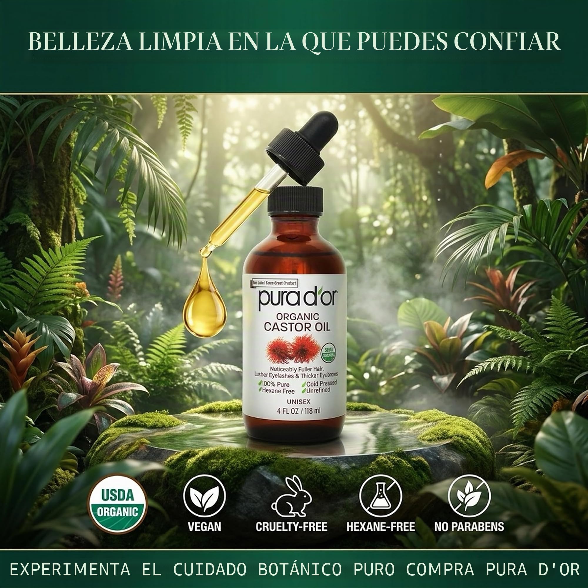 Pura D'Or Aceite de ricino (118 ml) 100% puro todo el aceite natural para el crecimiento del cabello,las pestañas de aceite prensado en frío hexano gratuito para hidratar y curar la piel seca