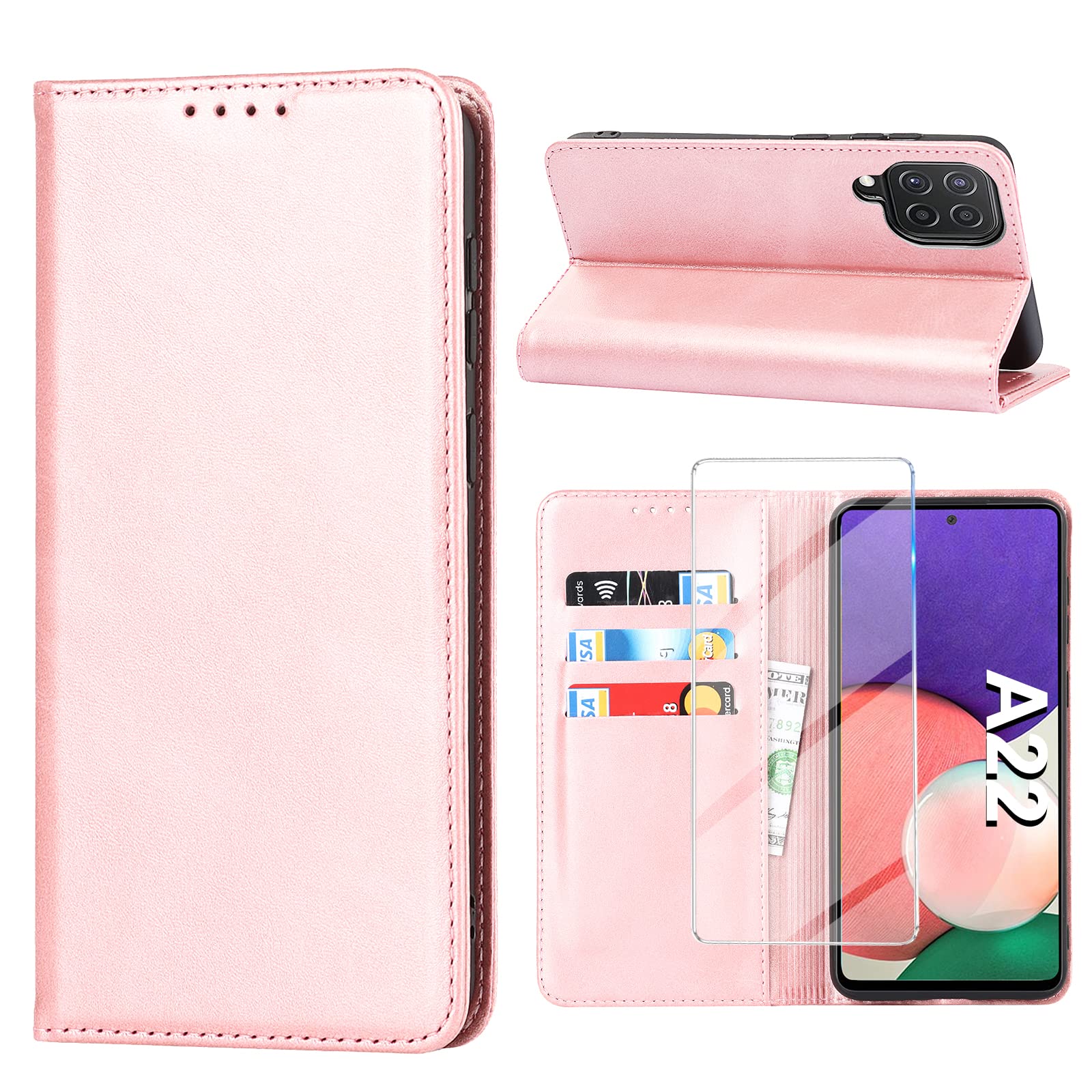 Handyhülle für Samsung Galaxy A22 5G Hülle mit Panzerglas Schutzfolie, Schutzhülle A22 5G Leder Wallet Kartenfach Standfunktion Stoßfest Klapphülle Hüllen Galaxy A22 5G Case Cover Klappbar (Rosa)