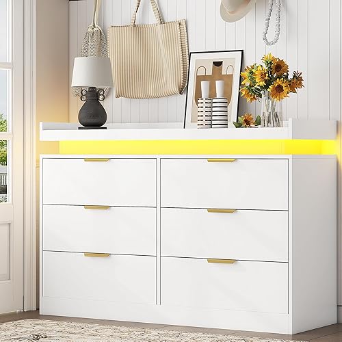 Miniatura 9 de Cómoda de 6 cajones para dormitorio, cómoda blanca con luces LED y toma de corriente, cómoda de madera, cómoda doble ancha para dormitorio, entrada