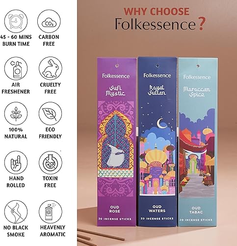 Miniatura 4 de Folkulture Varitas de incienso con soporte, juego de 3 Insenses (60 varillas) para la calma, tabaco Oud, rosa de oro, inscentajes o insentos no