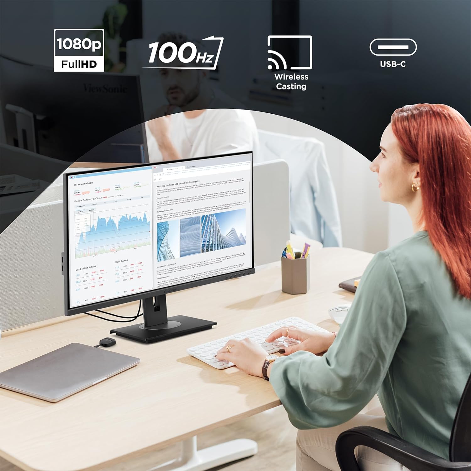 ViewSonic VG2748N 27 Inch 1080p IPS Ergonomic Wireless Casting Monitor with Built-in Wi-Fi, AirPlay, Miracast, USB-C, HDMI, DisplayPort, and USB Hub