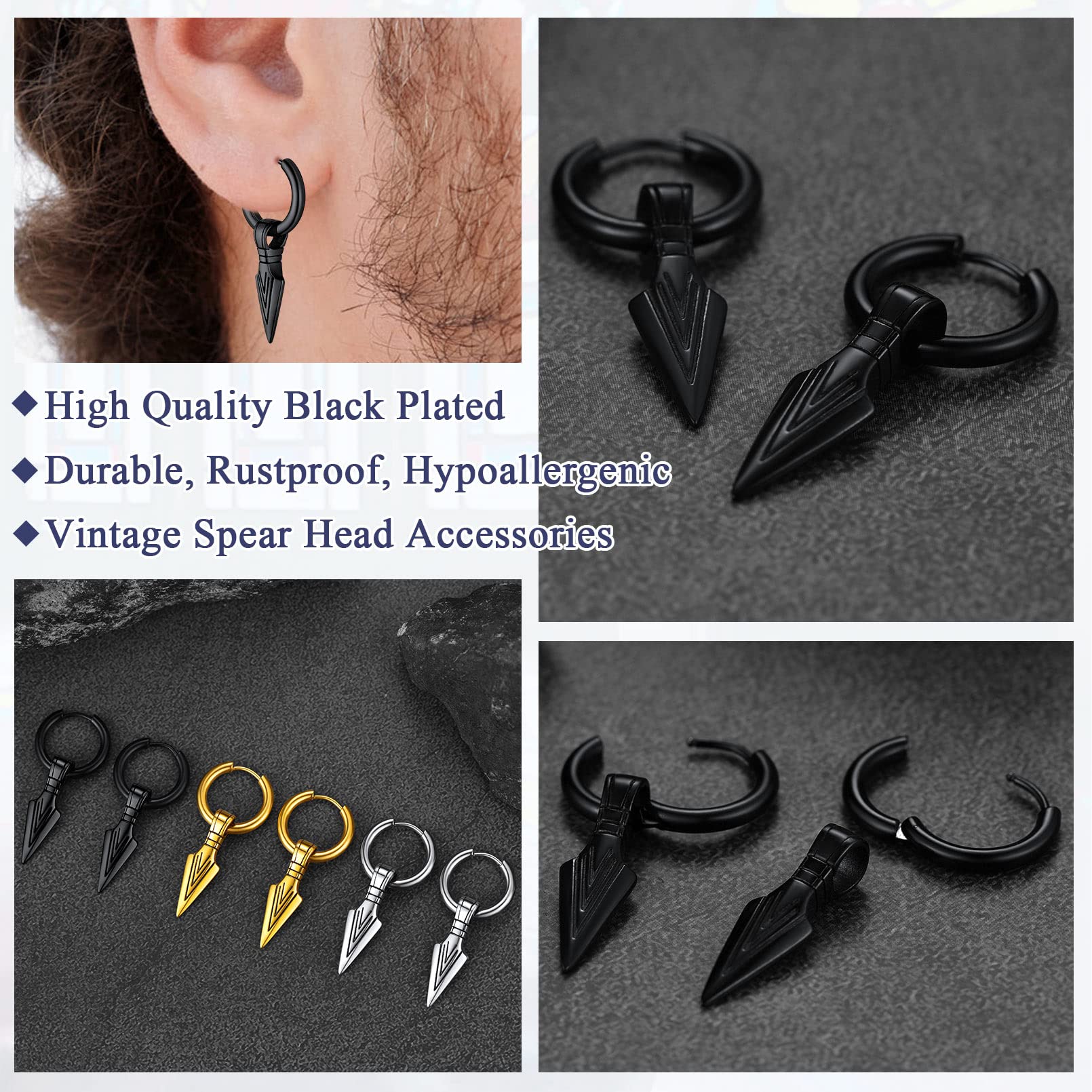 FaithHeart Pendientes Vikingos Hombres Acero Inoxidable 316L Aros con Colgante Vikingo Punta Flecha Lanza Calavera Joyería Hippie