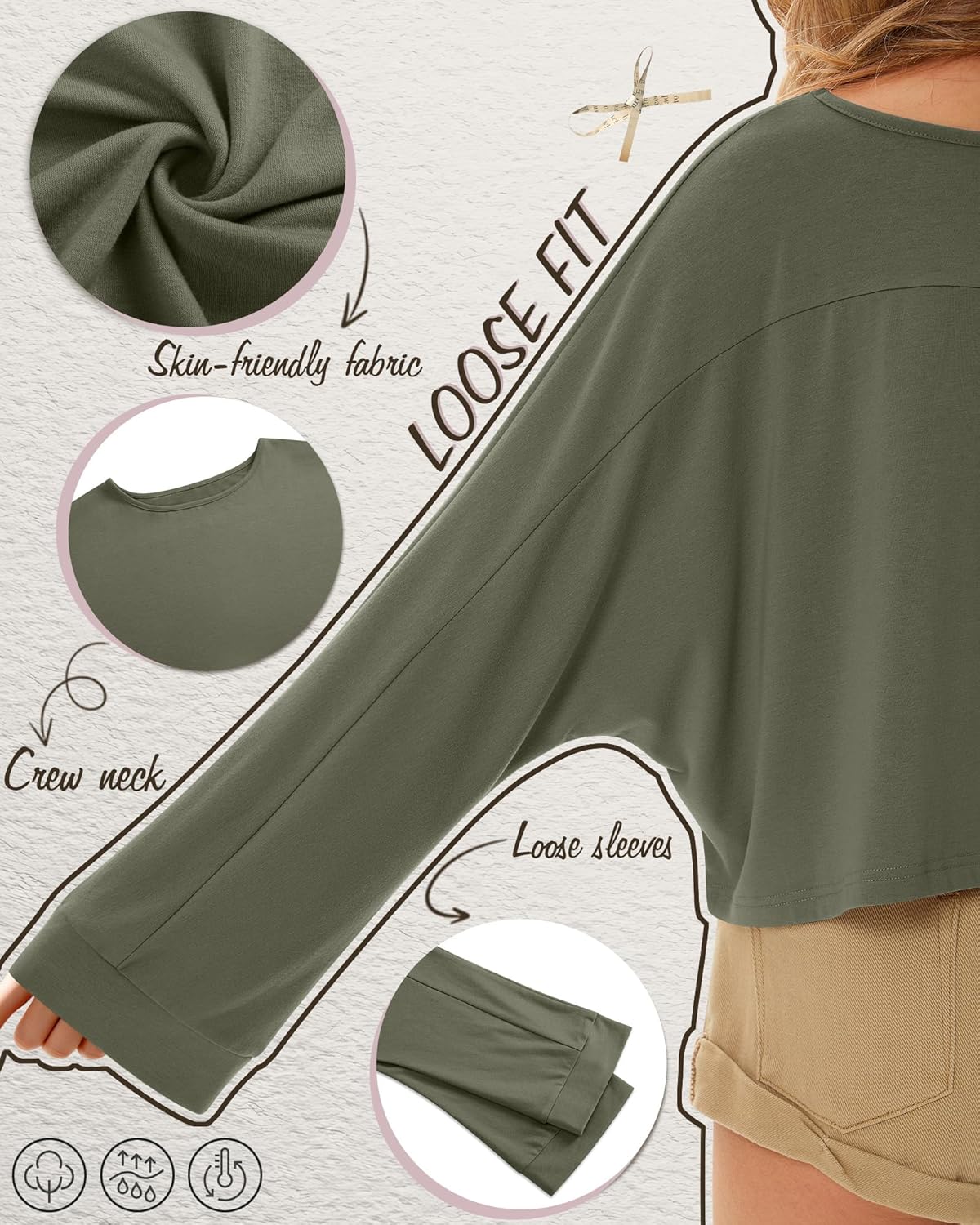 3 Pack Women's Long Sleeve Crop Shirts Loose Fit Cropped Oversized Tees Crew Neck Casual Pullover Tops - Image 4