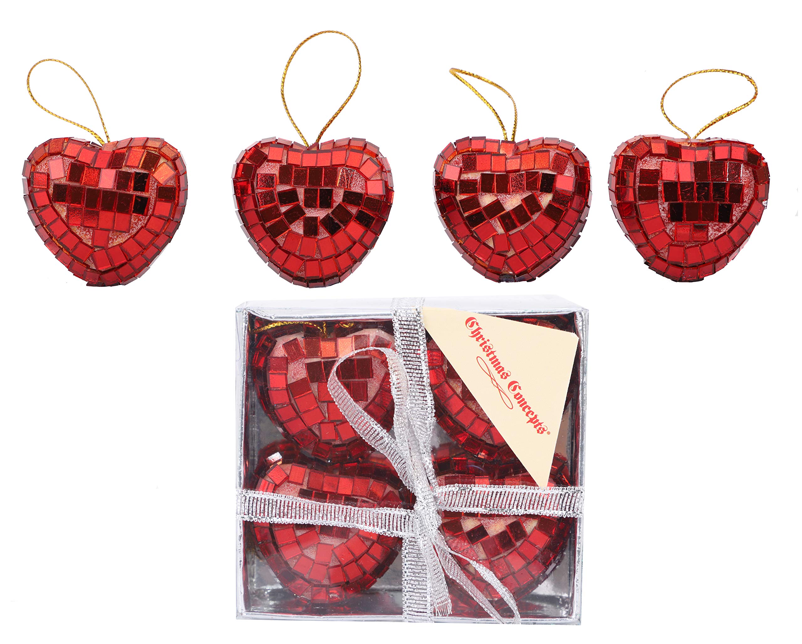 Christmas Concepts® Pack of 4-40mm (1.6") Heart Mirror Baubles - Red - Decorations
