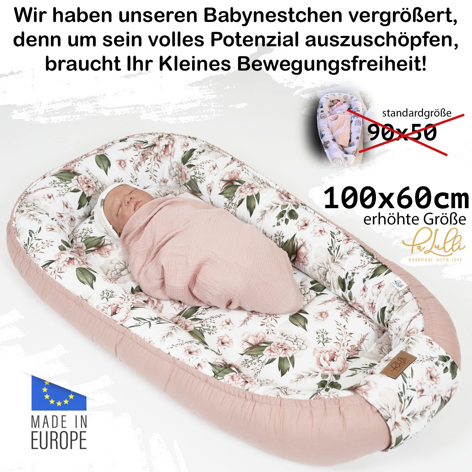 PaLulli® Bardzo duże gniazdo dla niemowląt 100 x 60 cm, zestaw z wyjmowaną wkładką z bawełny, dwustronne gniazdo do przytulania dla niemowląt, ręcznie wykonane, oddychające i bezpieczne (różowe)