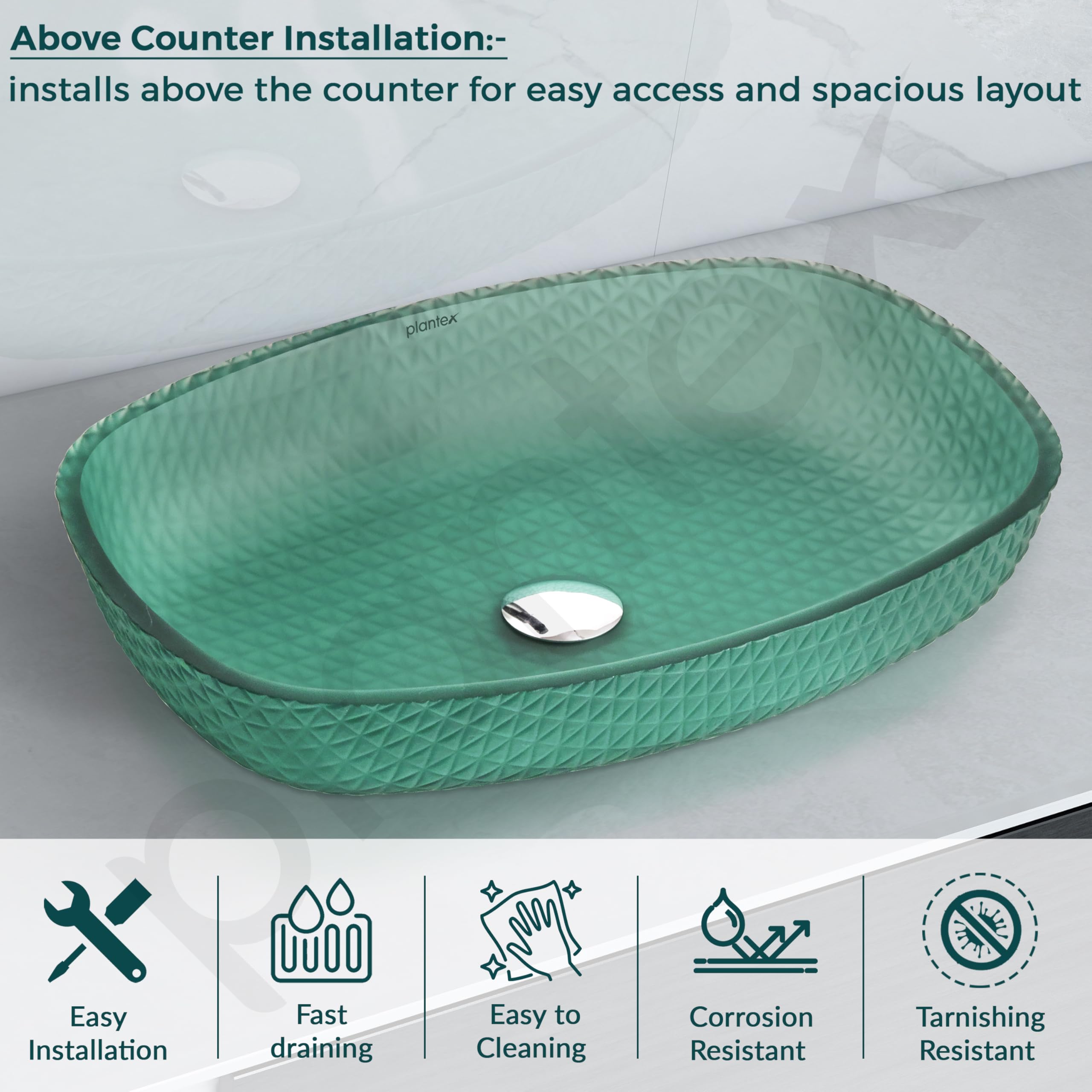 Plantex Luxury Glass Basin/Table Top Matt Wash Basin Over Counter/Countertop Basin for Bathroom & Living Room (Green - 21 x 15.5 x 4 Inch) 3