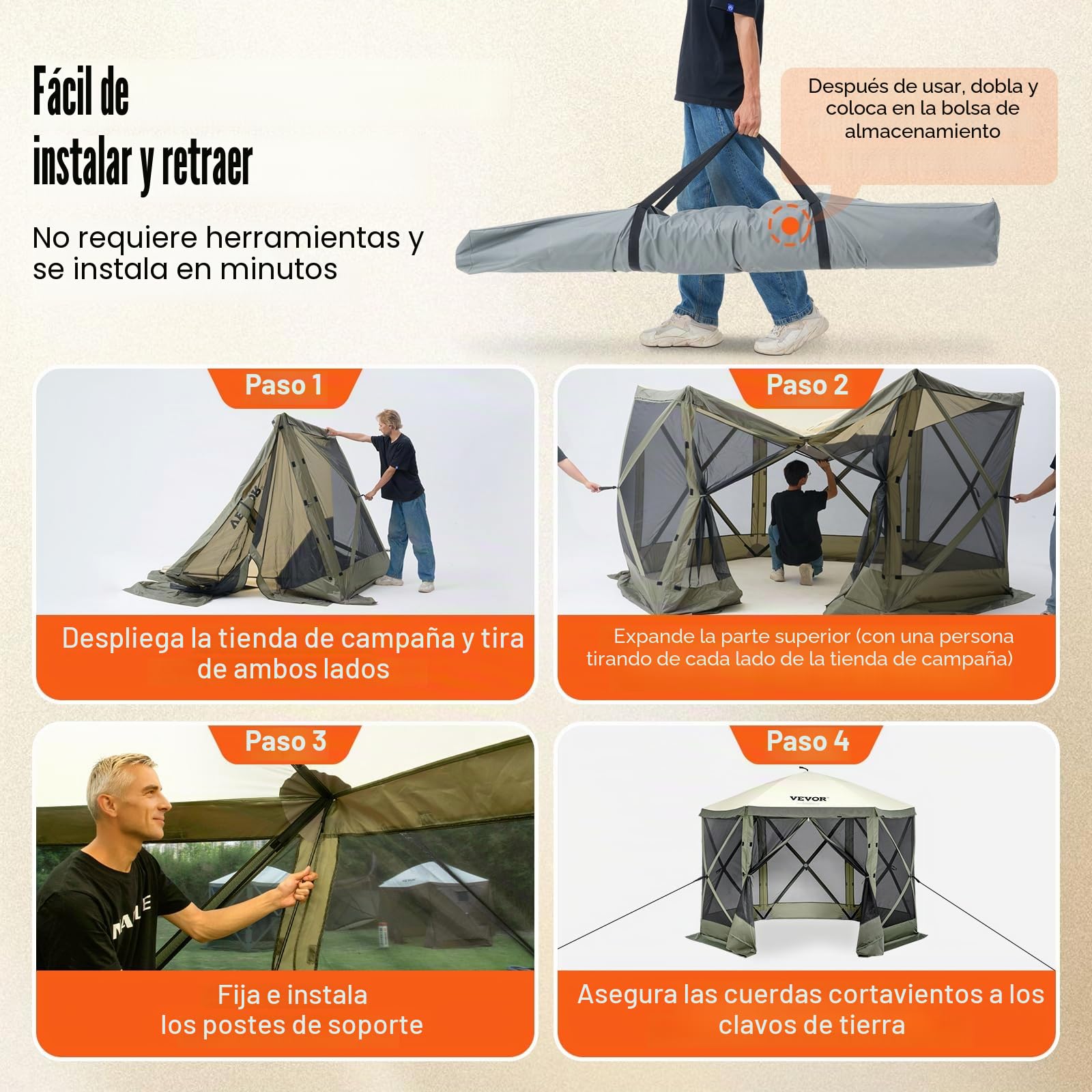 VEVOR Carpa Plegable para Cenador 6 Lados con Mosquitera y Paños de Viento 3,05 x 3,05 x 2,29 m Verde Marrón