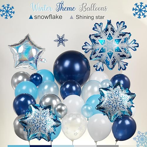 Miniatura 4 de FROUFING Kit de arco de guirnalda de globos de invierno de 140 piezas azul marino, blanco y plateado con globos de estrella de copo de nieve de