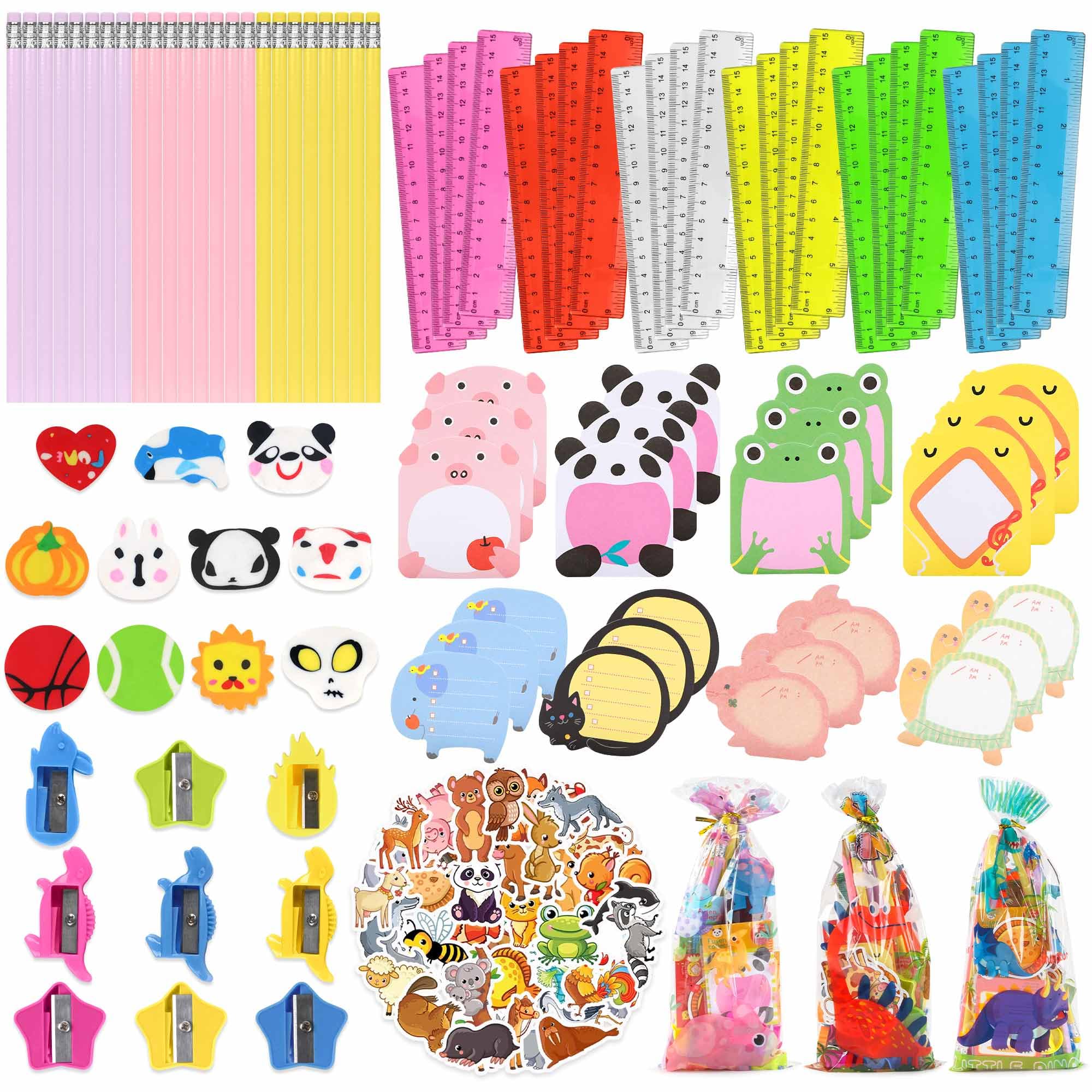 Stationery Party Favors for Kids - 184 Pcs Animals Party Favors Set With Pencils Rulers Erasers Sticky Notes Bags For Birthday Goodie Bags School