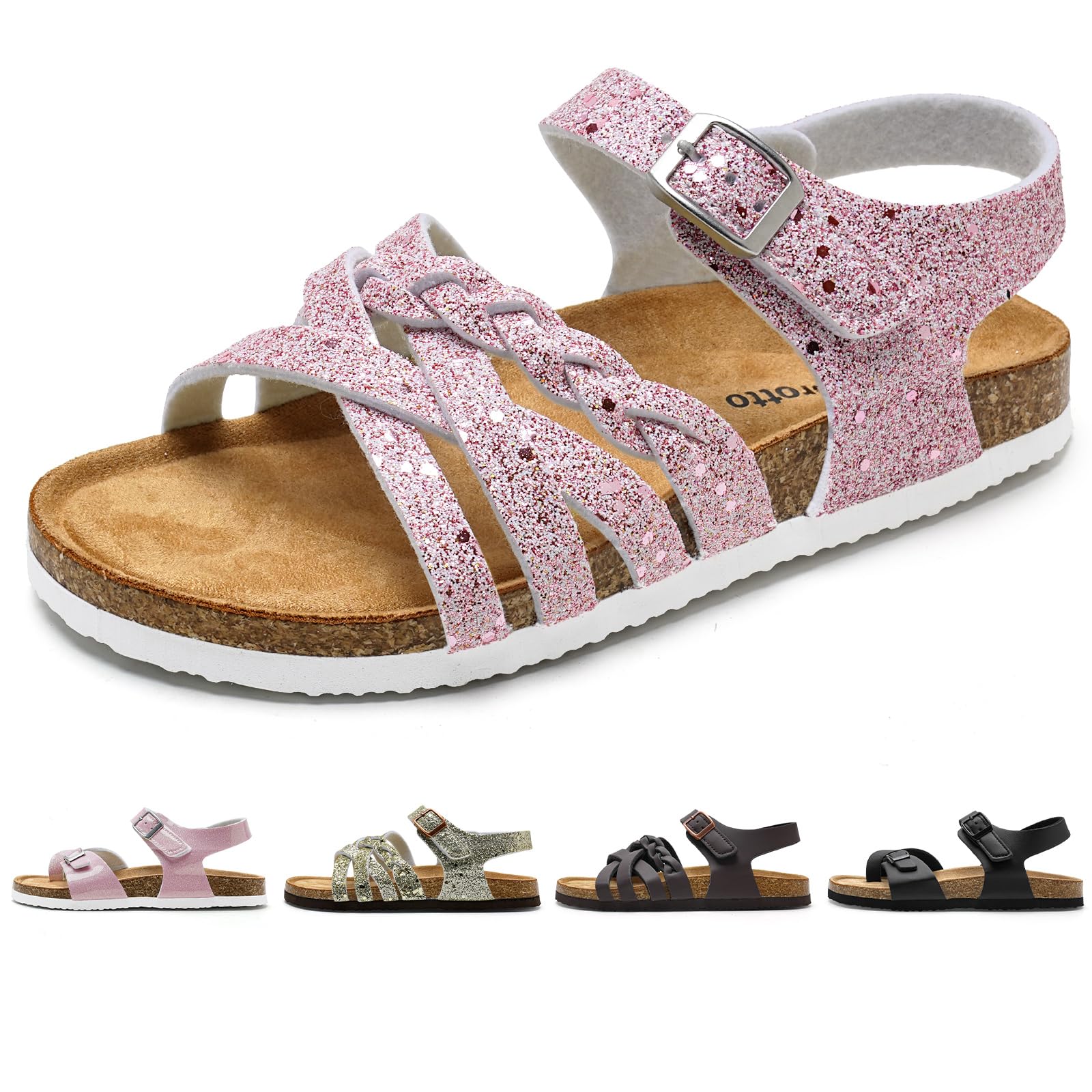 Torotto Sandalen Mädchen Mit Kork Sandals Kinder Pantoffeln Riemen Verstellbare Schnalle Rutschfeste Mit Klettverschluss Sandaletten für Drinnen und Draußen(Rosa Glitter, 33EU)