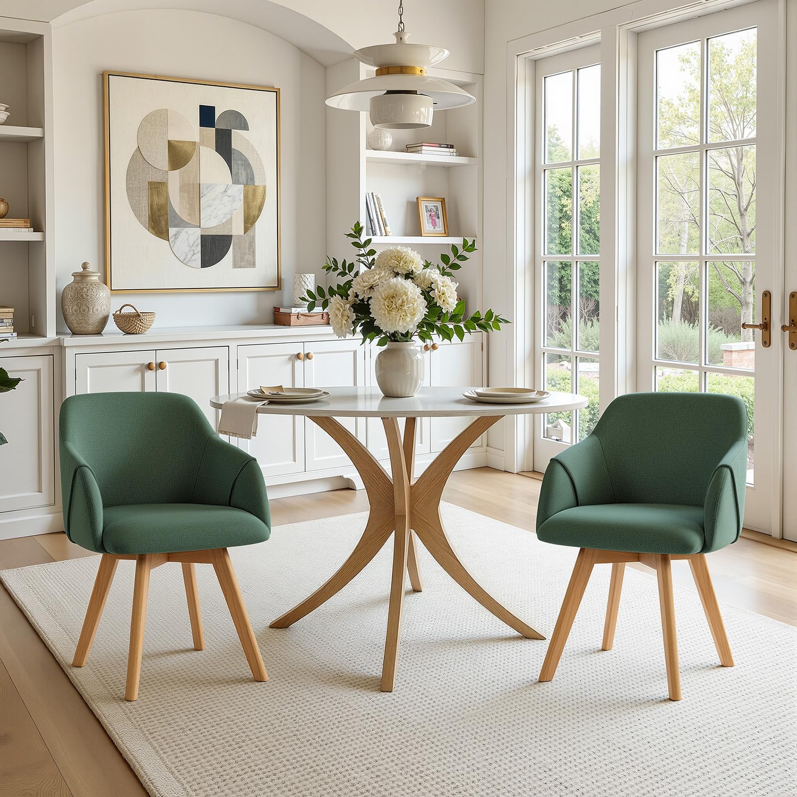 Bekrvio Juego de 2 sillas de Comedor giratorias 360°, Silla tapizada con reposabrazos, tapizada en Tela, Patas de Madera, diseño de Century, cómodas sillas de Cocina para Comedor y salón