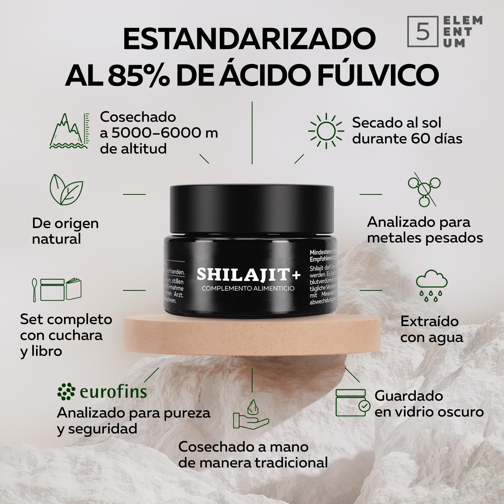 Shilajit Puro del Himalaya 82% Ácido Fúlvico – Alta Concentración – Resina Pura y Natural – 90 g (30 g x3) 180 Días – Recolectado a Mano – Cuchara Dosificadora 500mg – También llamado Himalayan Mumijo