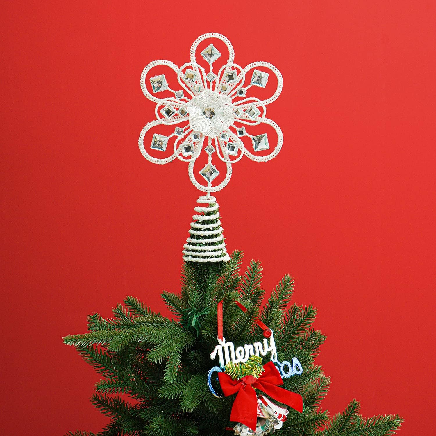 Christmas Tree Topper, Glitter Snowflake Silver Metal Star Tree Topper Perfect for Any Size Christmas Tree Holiday Decor Home Decor Ornament Decorations，Style e