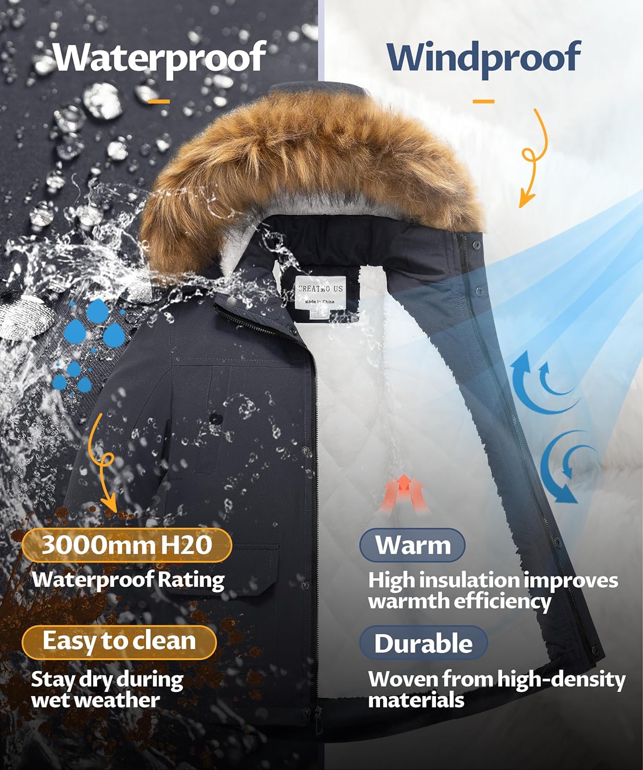 CREATMO US Boy's Long Winter Coat Warm Fleece Lined Waterproof Puffer Jacket Thicken Padded Snow Parka with Faux Fur Hood - Image 5