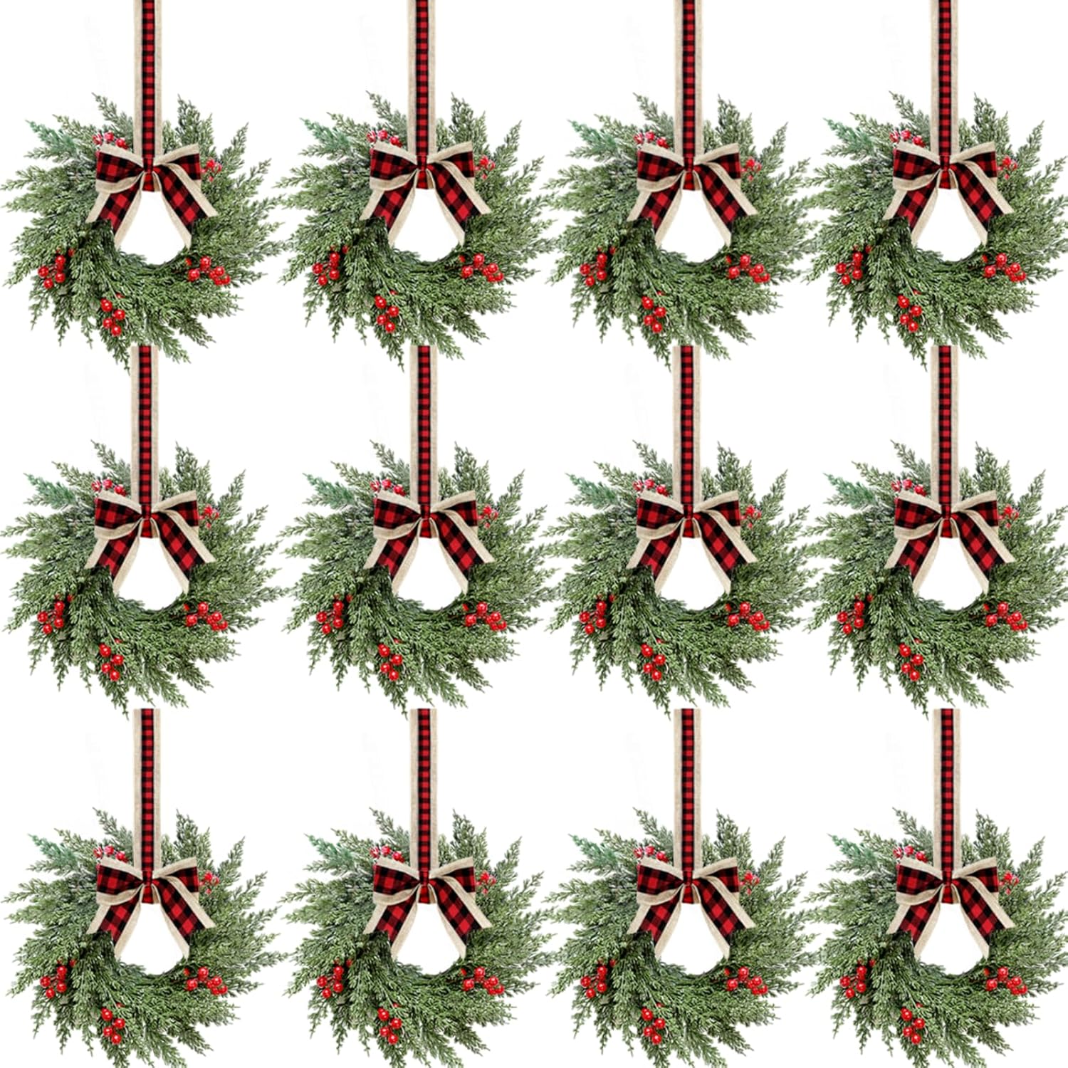 6 Pcs Small Christmas Wreath, Norfolk Pine Wreaths, 14in Mini Wreaths for Cabinets Christmas Candle Rings with Ribbon for Kitchen Window Decor, Mini Decorative Hanging Wreath for Xmas Decor