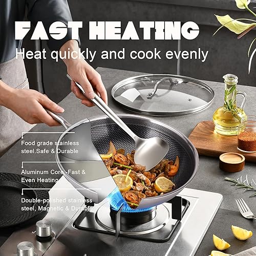 Miniatura 5 de RisenutX Wok híbrido antiadherente, sartenes antiadherentes de 13 pulgadas, woks de acero inoxidable, utensilios de cocina sin PFOA, apto para