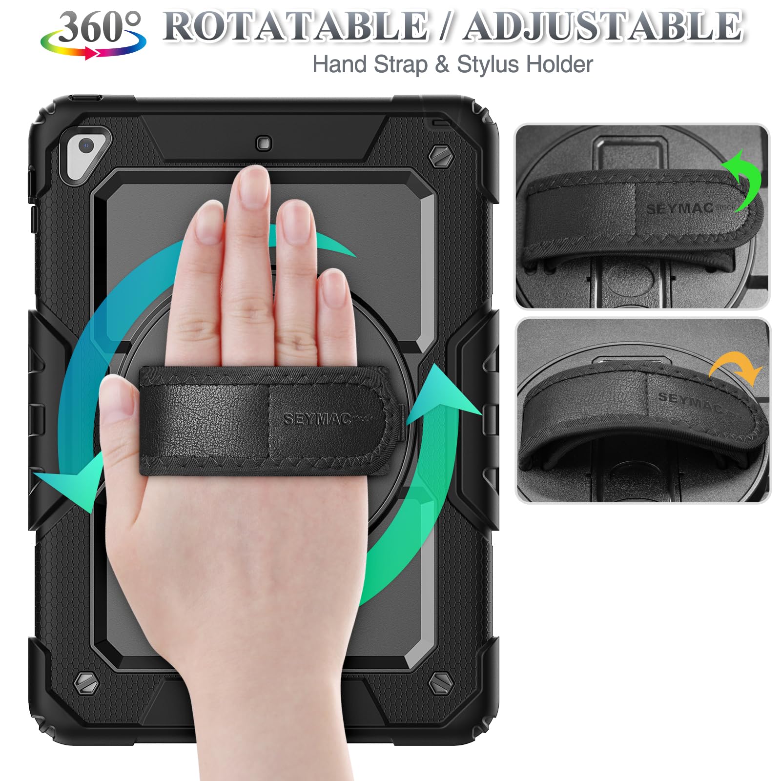 SEYMAC stock Case for iPad 6th / 5th Generation Case/Air 2 / Pro 9.7 inch, Heavy Duty Protective with Screen Protector, with Pencil Holder, Hand Strap, Shoulder Strap, 360 Rotate Stand, Black — Amazon image 3