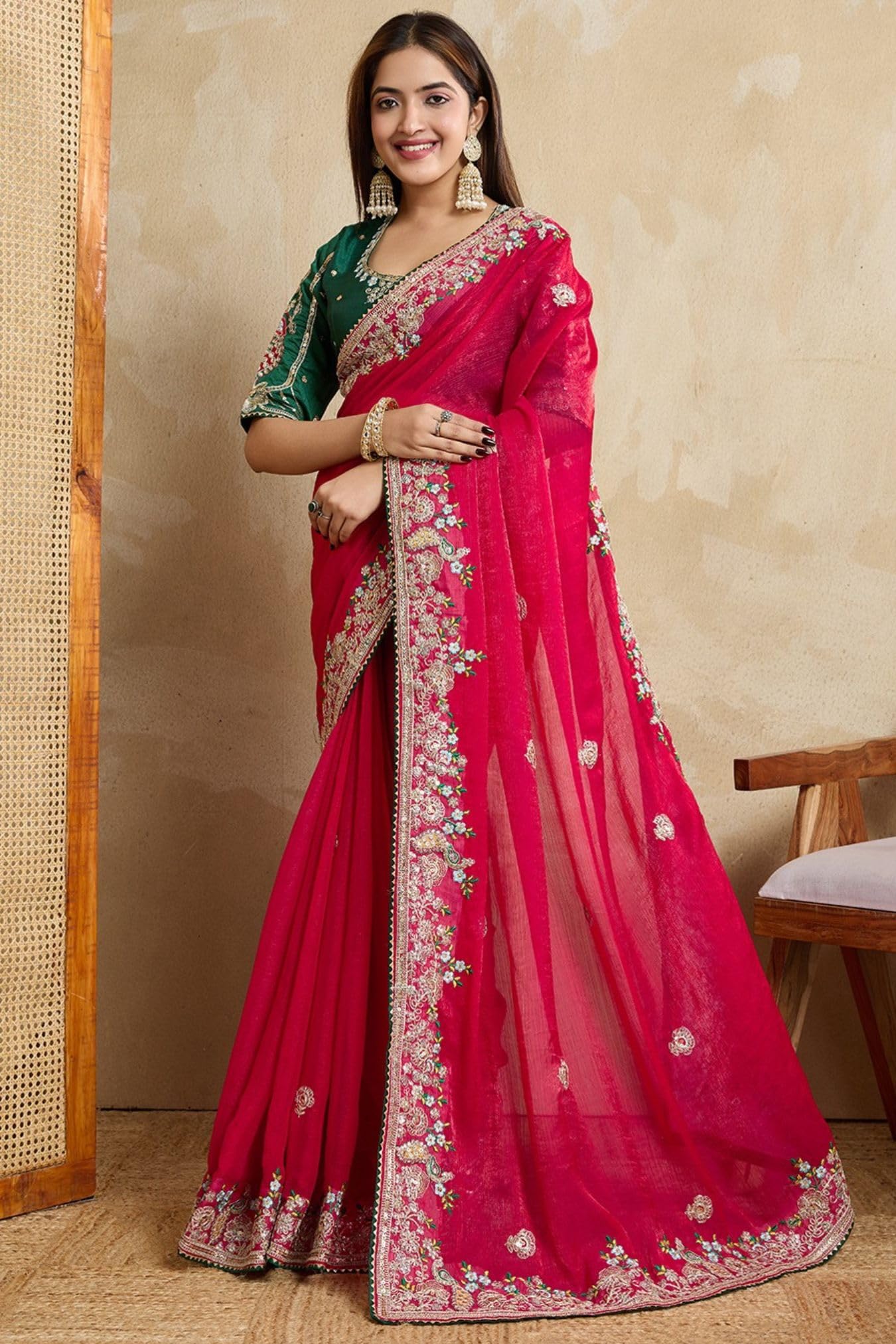 SGF11 Women's Fendy Chiffon Silk Embroidery Work Saree With Blouse Piece product image 3