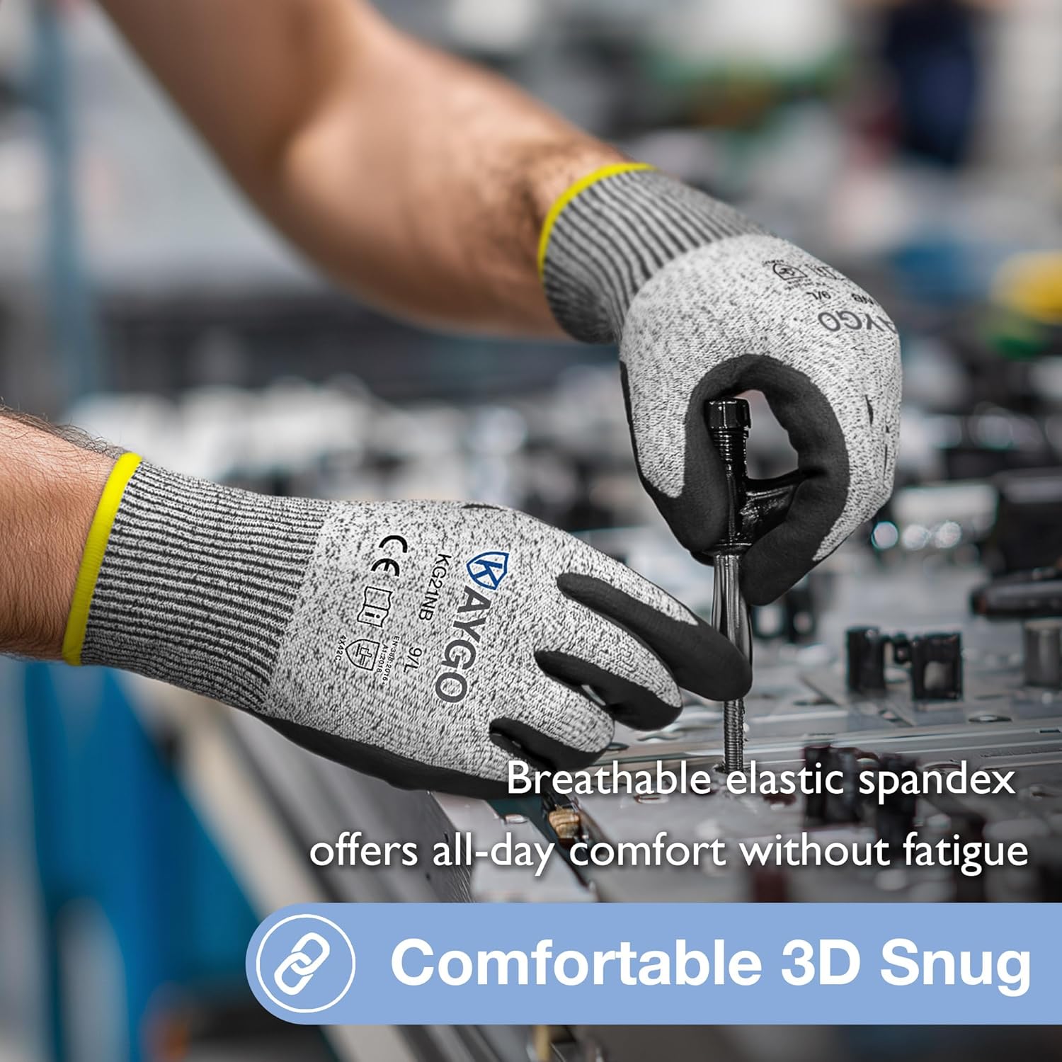 KAYGO 12 Pairs Cut Resistant Work Gloves for Men and Women,ANSI A3 Cutting Gloves,Nitrile Micro-Foam Safety Work Gloves KG21NB,Ideal for Wood Carving,Glass Handling, Construction,Fishing,Grey,L