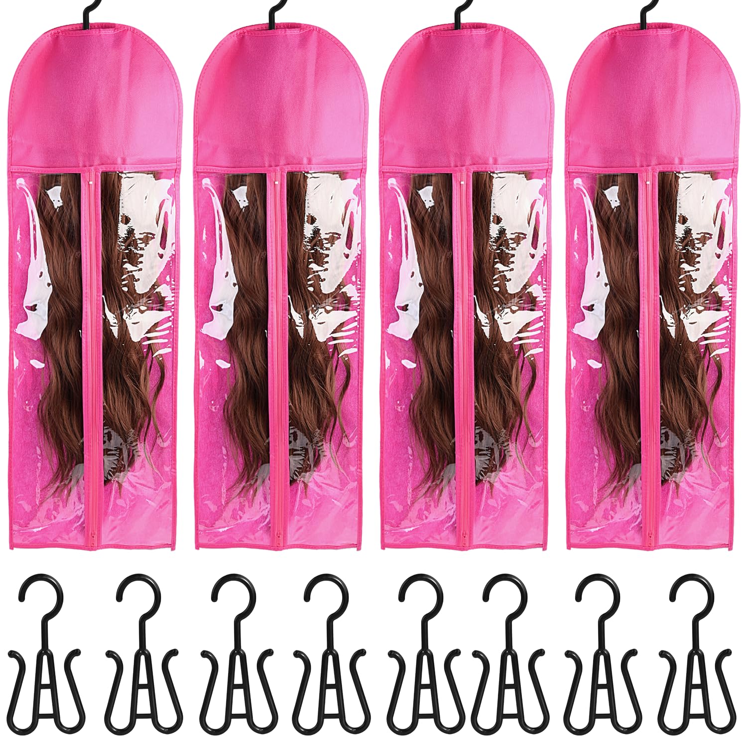 4-in-1 Wig Storage Solution - Extra Long Wig Hanger & Bags (31.5 Inch, Rose Red)